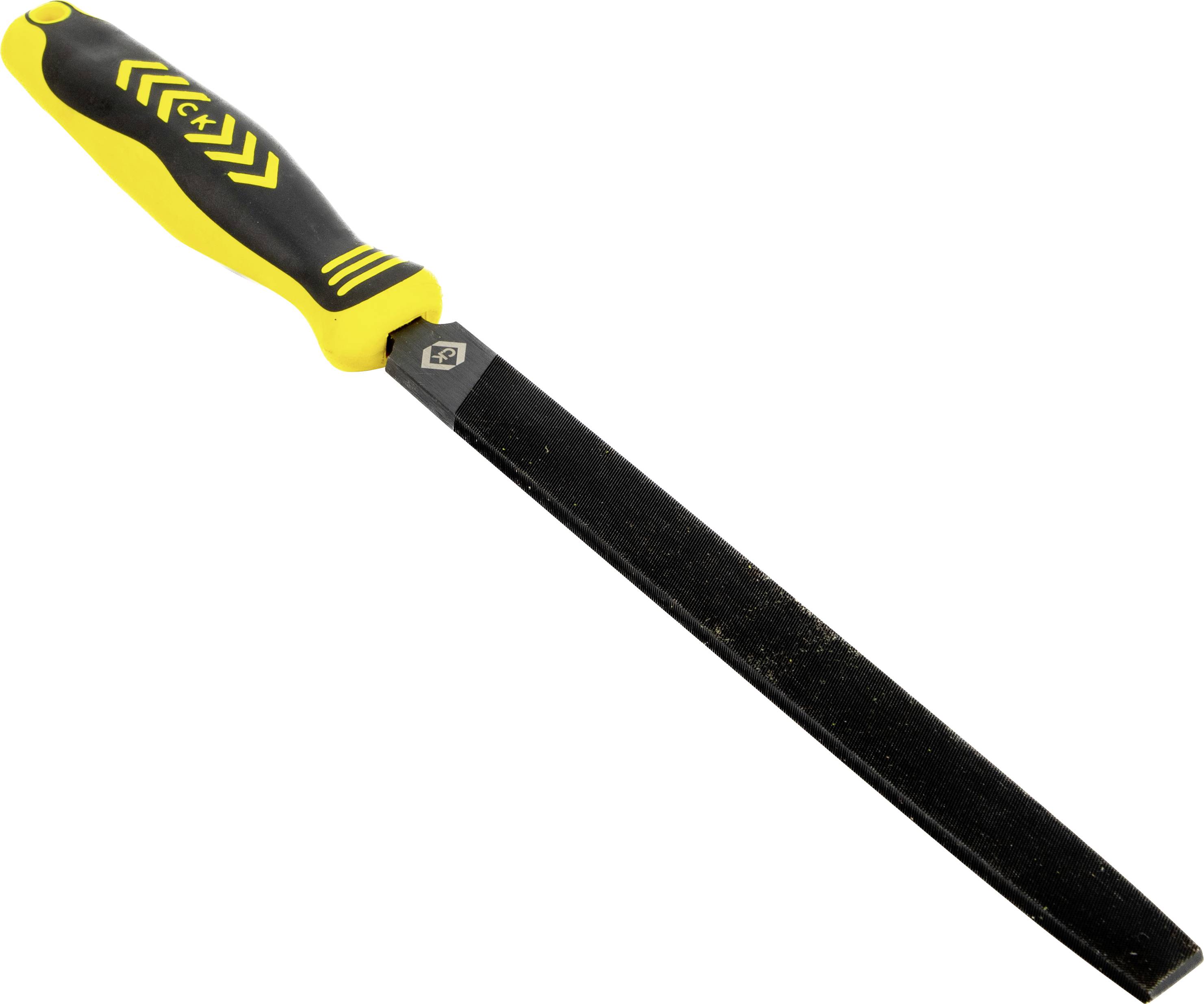 Ručna turpija sa žutom i crnom ručkom sa pravokutnim metalnim sječivom, koristi se za zaglađivanje površina ili bridova u obradi drva ili metala.