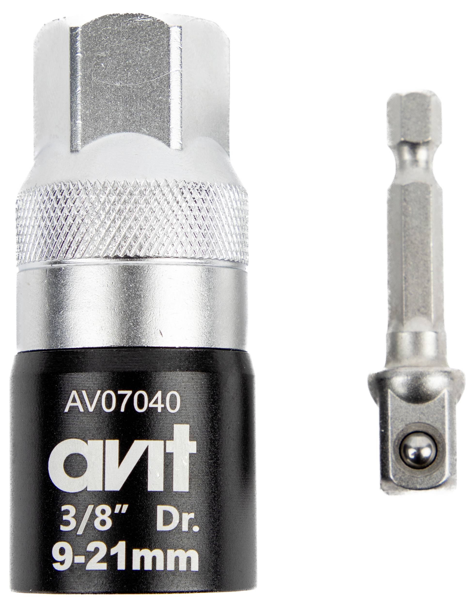 'Srebrni i crni nasadni ključ označen s 3/8" Dr. 9-21mm' pokraj metalnog heksagonalnog adaptera, oboje na bijeloj podlozi.