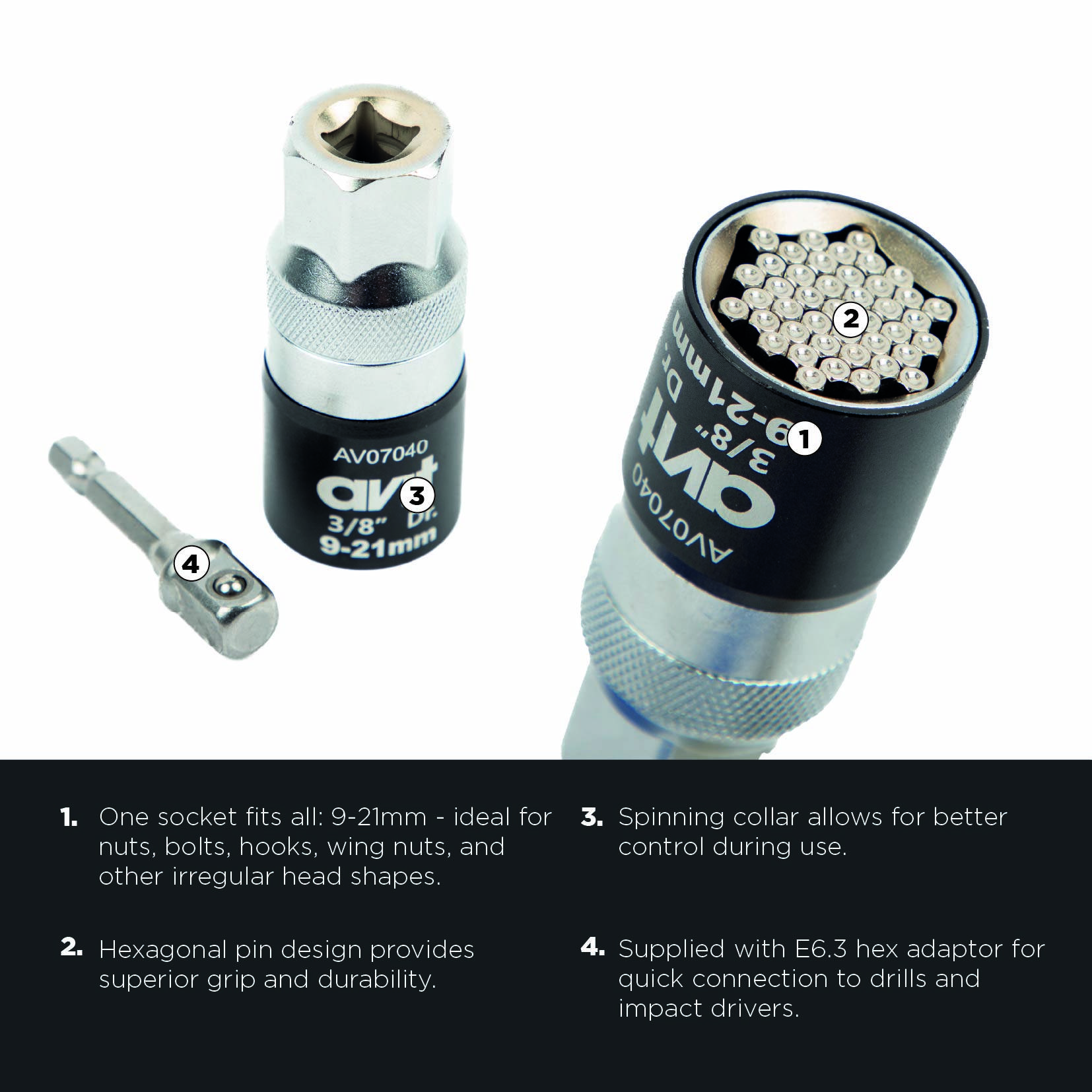 Univerzalni adapterski ključ s rotacijskim ovratnikom i heksagonalnim dizajnom bolca, odgovara 9-21mm. Uključuje heksagonalni adapter za bušilice.