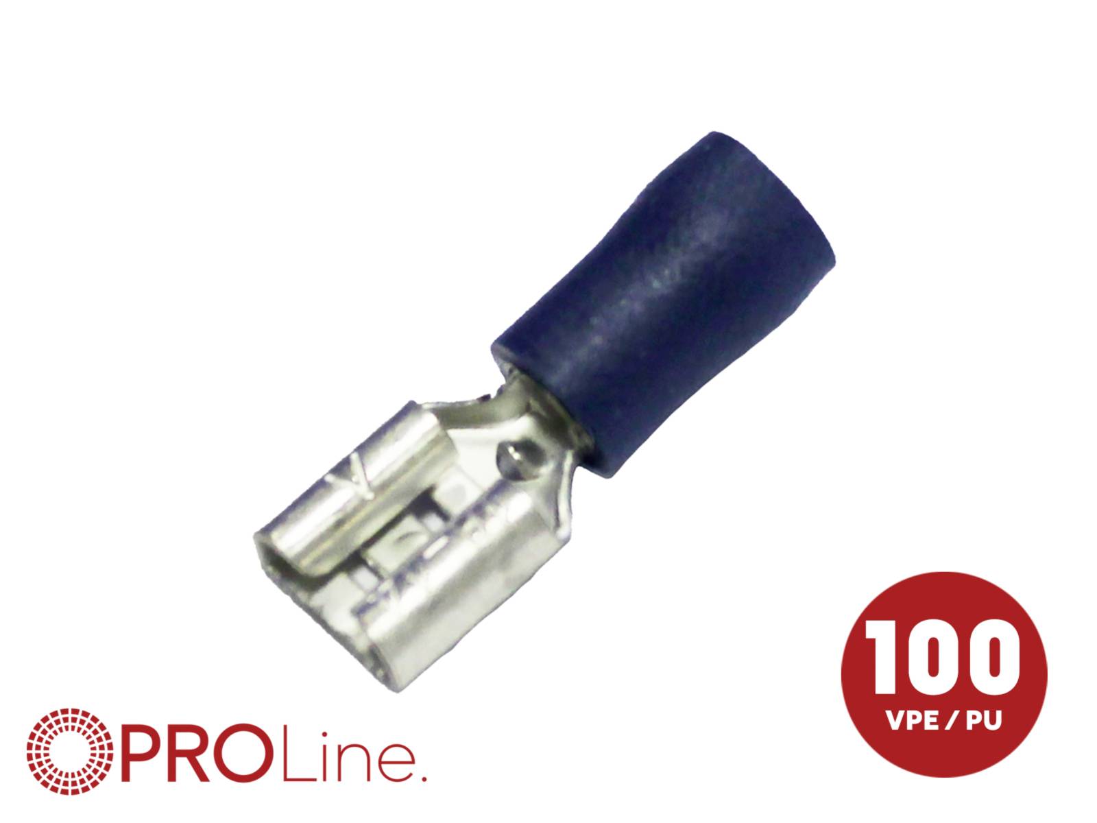 Plavo izolirana presna žična sponka sa krimponom, prikazana na bijeloj pozadini s logotipom PROLine i naljepnicom '100 VPE/PU'.