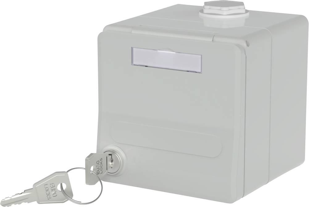 Siva kutija za razvodnu tablicu s bravom, s dva umetnuta ključa, korištena za osiguravanje pristupa električnim vezama.