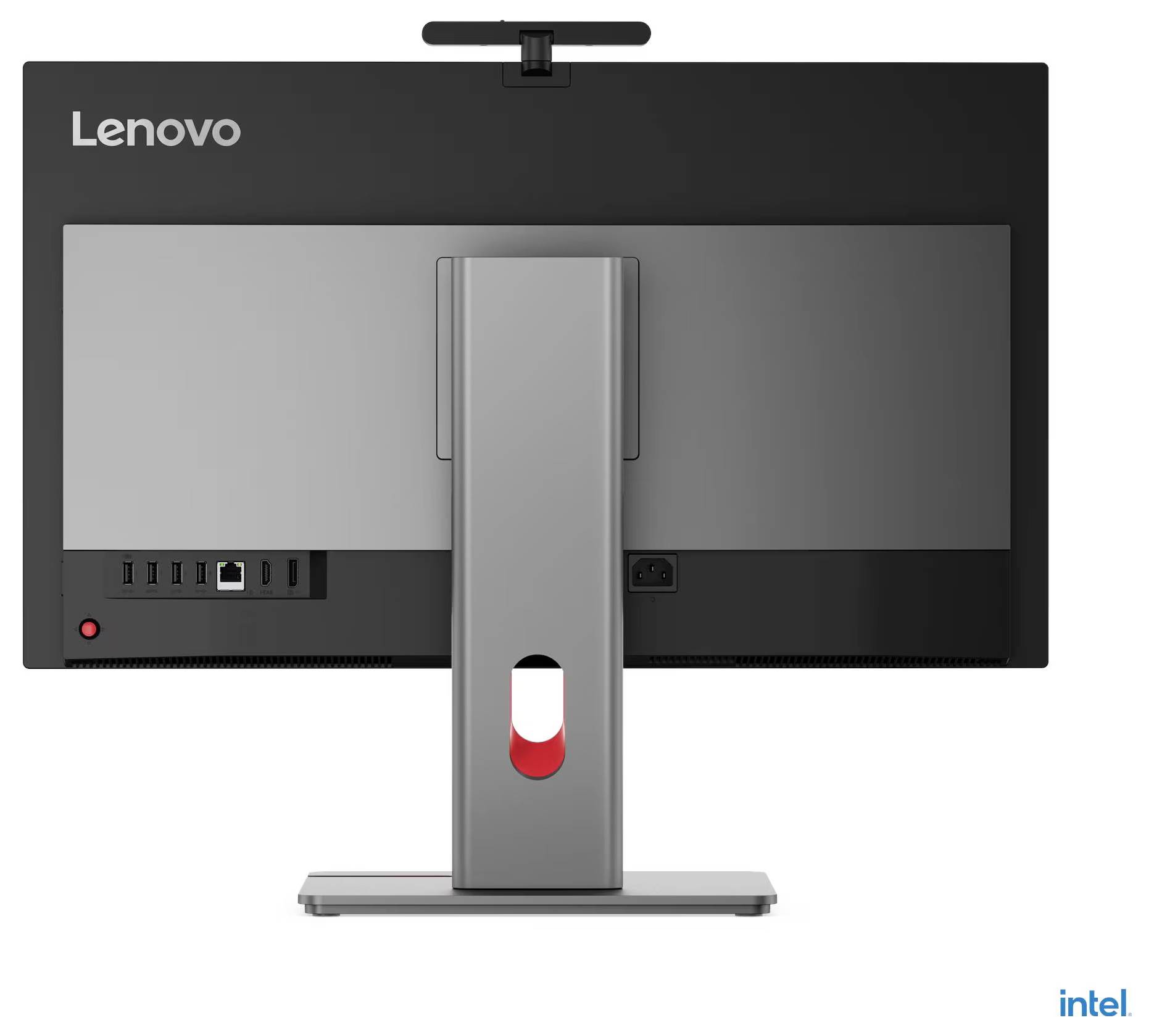 Lenovo monitor viđen sa stražnje strane, prikazujući postolje, priključke i Lenovo i Intel logotipe.