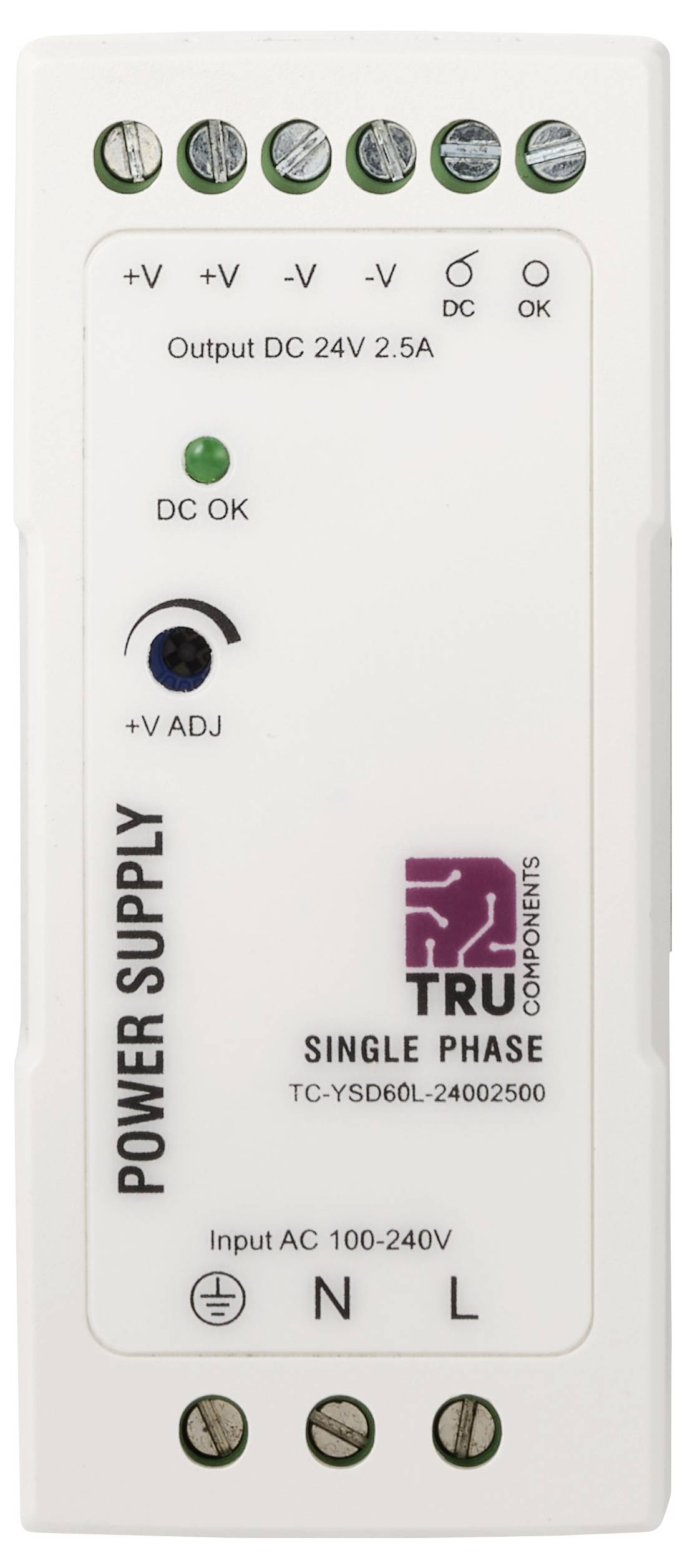 Bijela jednofazna jedinica za napajanje označena s 'TRU COMPONENTS' i 'POWER SUPPLY', s prikazom izlaza DC 24V 2.5A, ulaza AC 100-240V i indikatorima za podešavanje/stanje.
