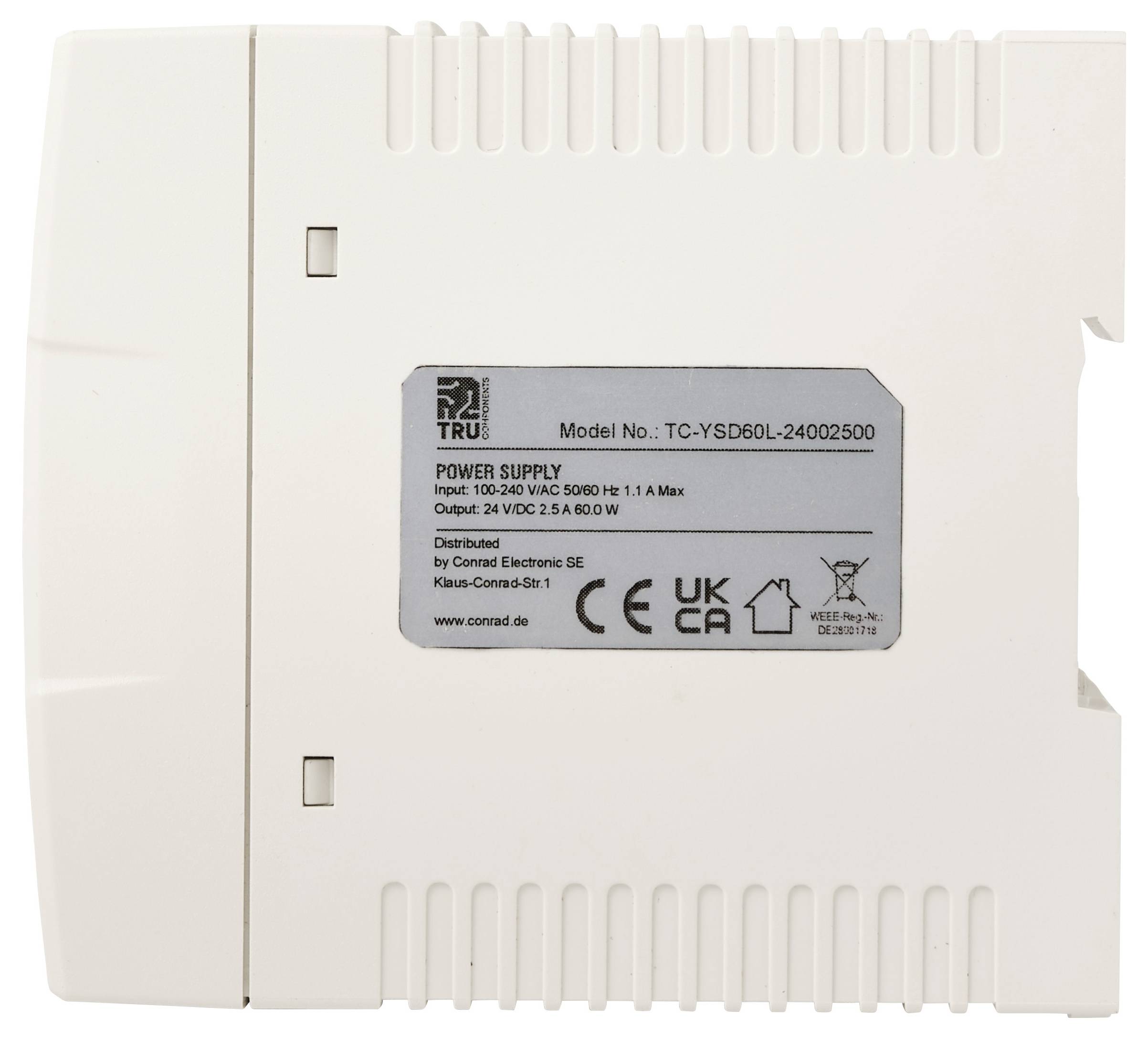 Bijela jedinica za napajanje električne energije s naljepnicom koja prikazuje model TC-YSD60L-24002500, ulaz 100-240 VAC i izlaz 24 VDC 2,5 A, 60 W.