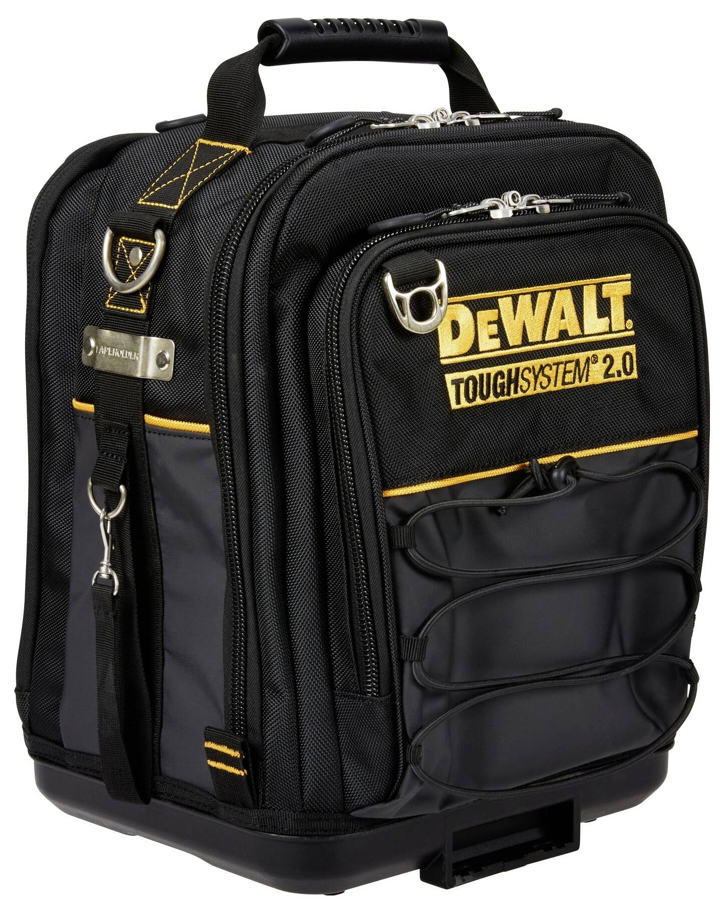 Crni i sivi DeWalt ToughSystem 2.0 ruksak za pohranu alata s više odjeljaka, krutom bazom i gornjom ručkom za nošenje.