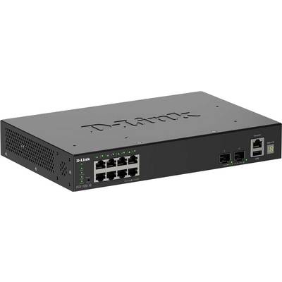 Crni mrežni prekidač D-Link s 10 portova Ethernet, jednim console portom i dva SFP porta na prednjoj ploči, prikazujući LED indikatore.