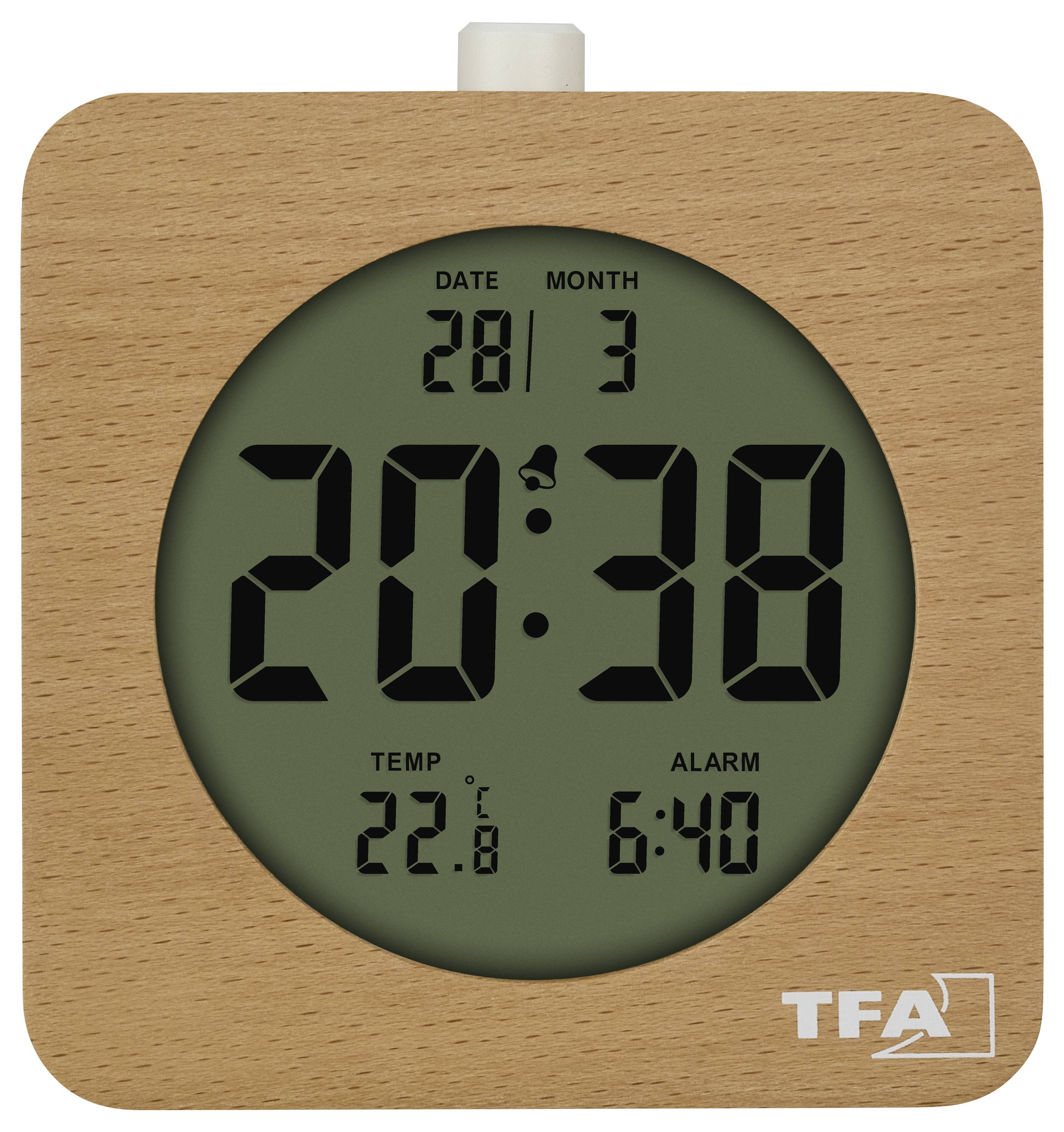 Digitalni sat na drvenom postolju prikazuje vrijeme '20:38', datum '28 1', temperaturu '22.8°C' i alarm postavljen na '6:40'.