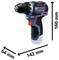 'Bosch Professional bušilica', dimenzije: 160 mm visina x 142 mm dužina x 54 mm širina. Bušilica s crnom špicavom dijelom i plavom i crvenom ručkom.