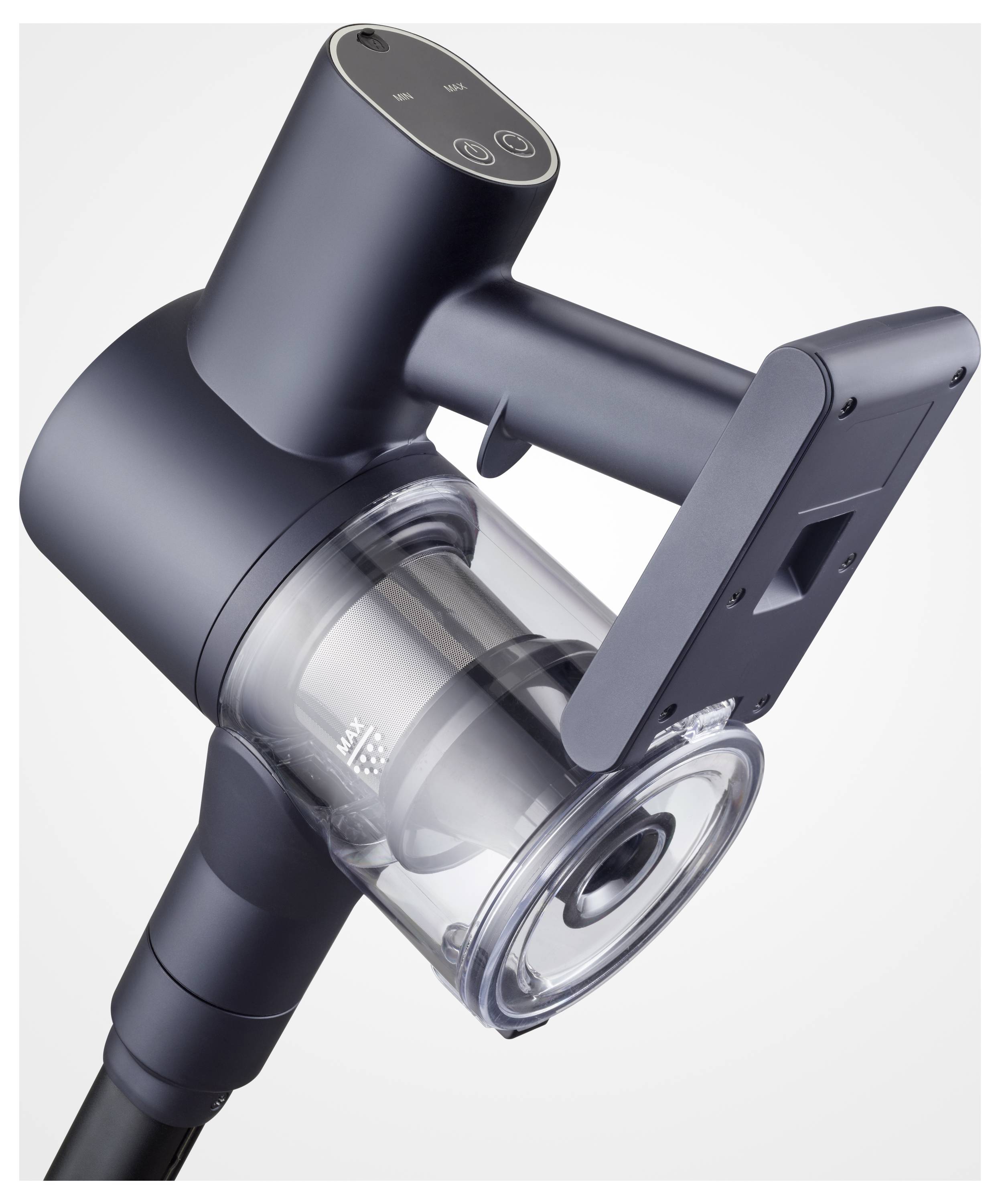 Elegantni, moderni ručni usisavač s prozirnom komorom za prašinu i crnim završetkom, s dva gumba na ručici.