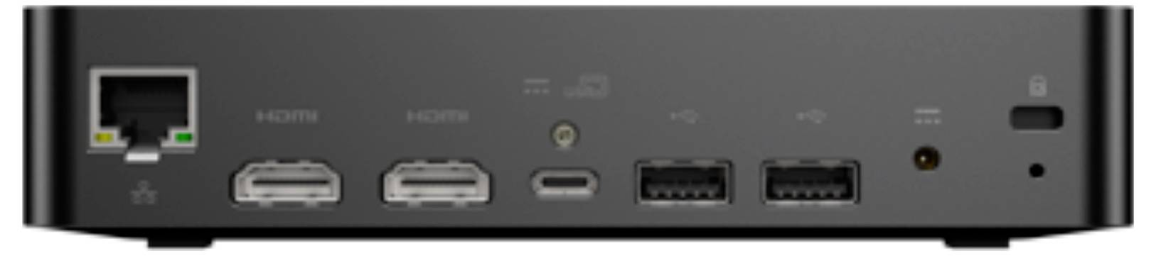 Stražnji prikaz priključne stanice koja pokazuje više portova uključujući Ethernet, dual HDMI, USB-C, dual USB i priključak za slušalice na crnoj ploči.