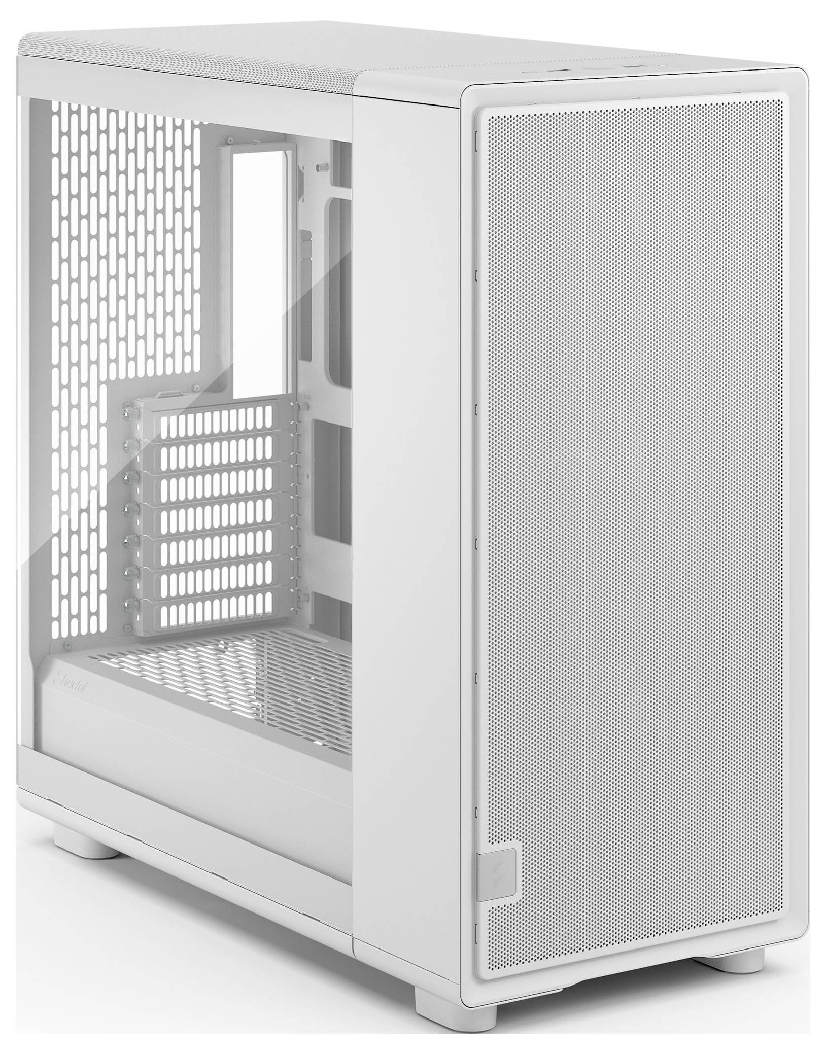 Elegantan, bijeli kučište računala s vidljivim otvorima za ventilaciju i otvorenim utorima za komponente, dizajnirano za montažu desktop računala.