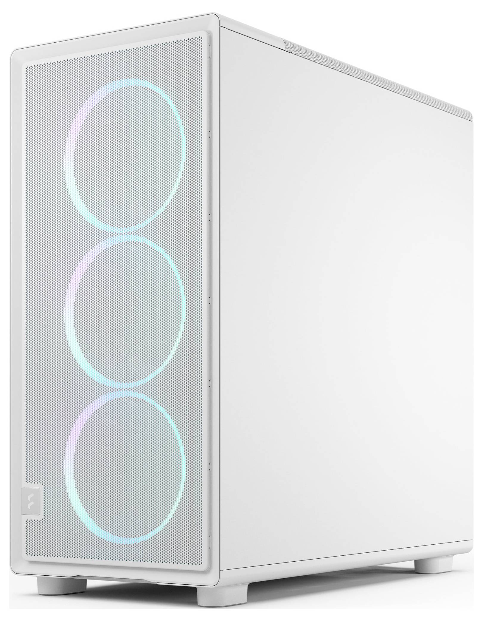 Crno kućište za gaming računalo s RGB svjetlima, tri ventilator na prednjoj strani, prozirni panel sa strane; dimenzije su 41,5 cm visine, 47 cm dubine, 22 cm širine.