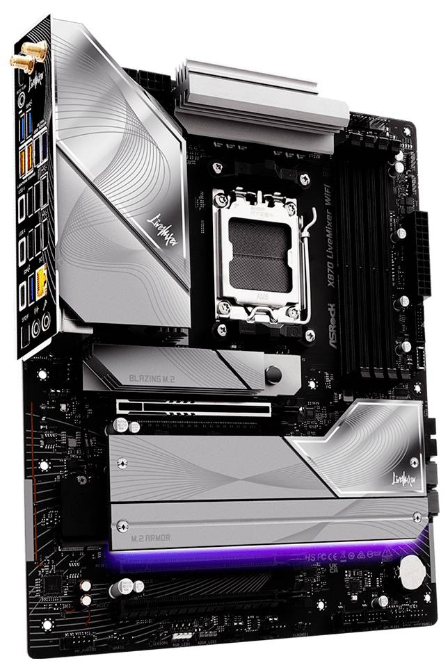 Matična ploča računala sa više PCIe utora, utora za RAM memoriju i CPU utora. Uključuje različite srebrne hladnjake i različite priključke.