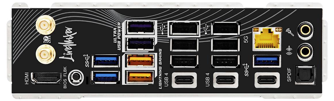 Stražnja ploča matične ploče računala koja prikazuje različite priključke uključujući HDMI, USB, Ethernet i SPDIF, označena sa 'LiveMixer'.