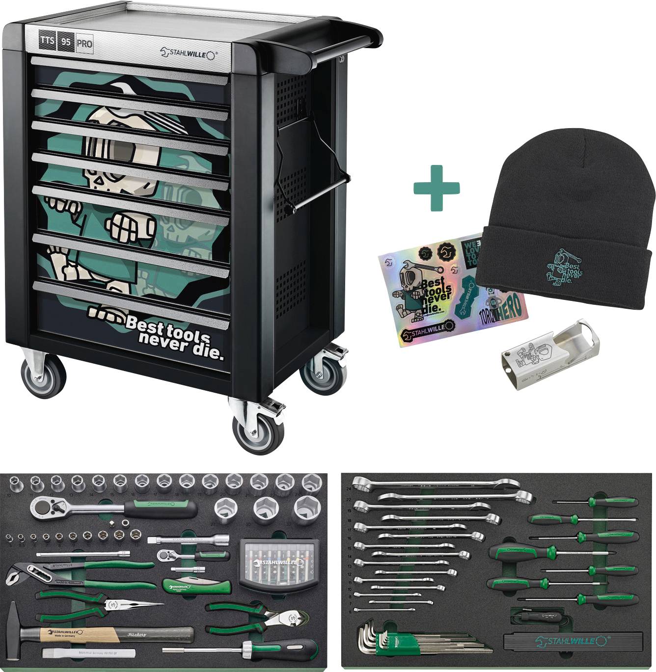 Pokretna sandučnica s više ladica, označena sa "Best tools never die." Uključuje raznolike alate, crni beanie, naljepnice i otvaračem za boce.