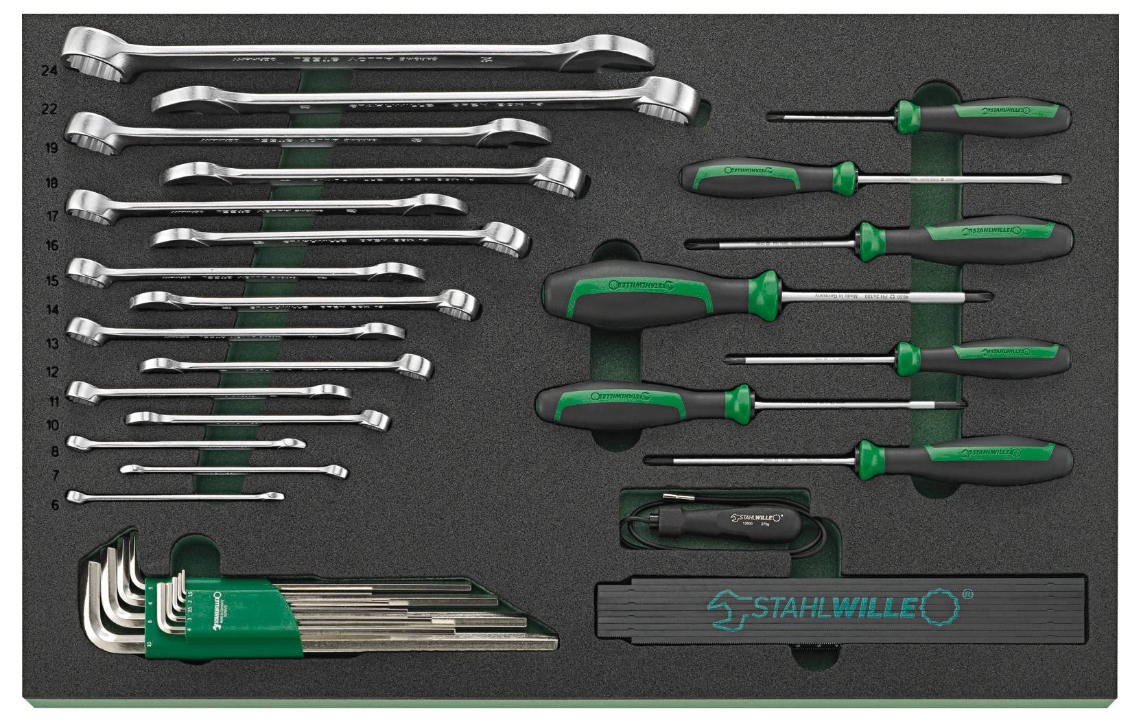 'Skup ručnog alata koji uključuje ključeve, odvijače i heksagonalne ključeve uredno organizirane u poliuretanskom držaču.'