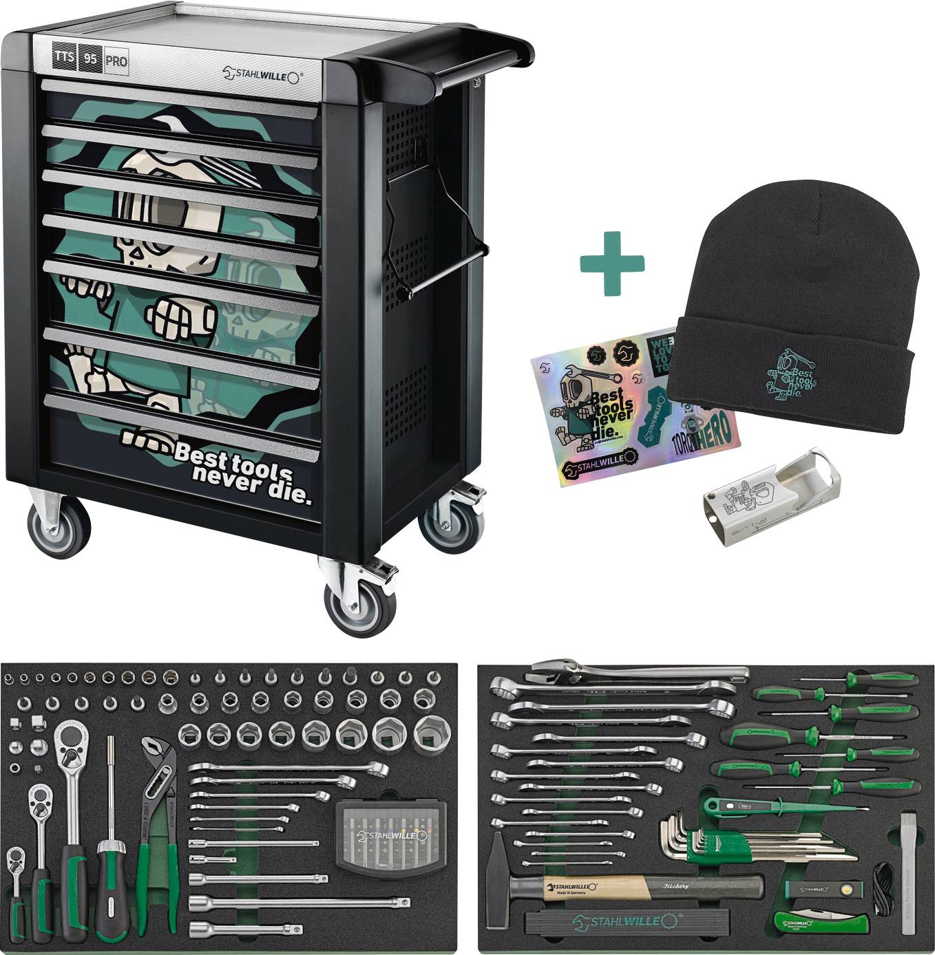 Crna kutija za alate s cartoon dizajnom i tekstom 'Best tools never die.' Uključuje set alata, beanie, naljepnice, privjeske za ključeve i odvijač.