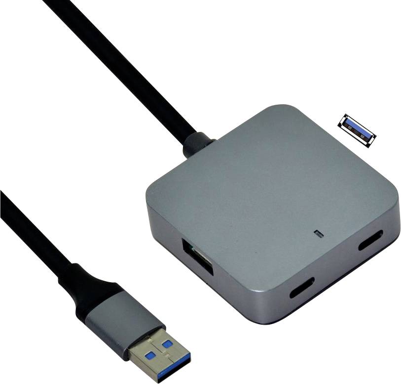 Kvadratni USB hub s četiri priključka i priloženim USB kablom koji prikazuje mogućnosti povezivanja.