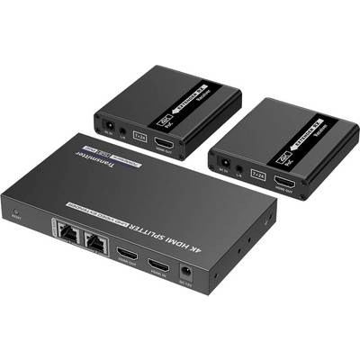 Tri elektronička uređaja raspoređena na površini: 4K HDMI razdelnik s više portova i dva manja adaptera za prijenos videa.