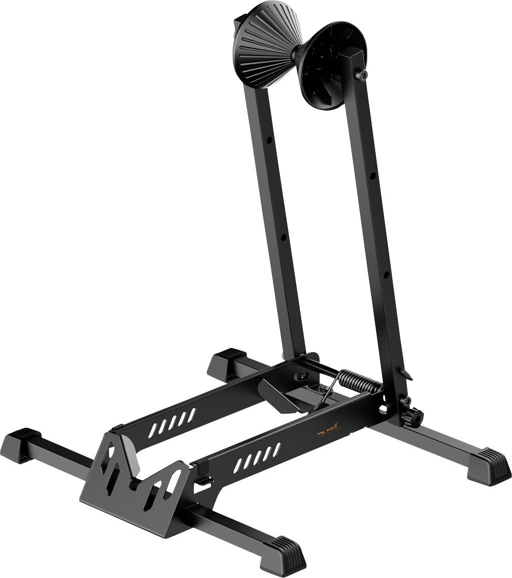 Stalak za popravak bicikla sa stezačem i bazom sa oprugom, dizajniran za držanje bicikla u uspravnom položaju tijekom održavanja ili skladištenja.