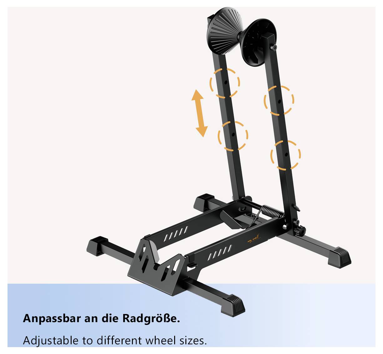 'Podesiva na različite veličine kotača' stalak za bicikl s nekoliko mogućnosti podešavanja visine prikazan.