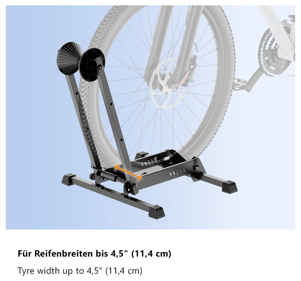 Biciklička guma montirana na stalak namenjen za širine guma do 4,5 inča (11,4 cm), sa strelicom koja ukazuje na podešavanje.
