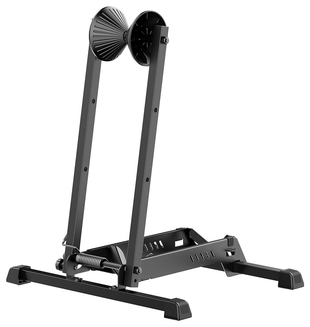 Crni preklapajući stalak za bicikl s držačem za kotač i čvrstom bazom, napravljen za skladištenje bicikla u zatvorenom prostoru i održavanje.