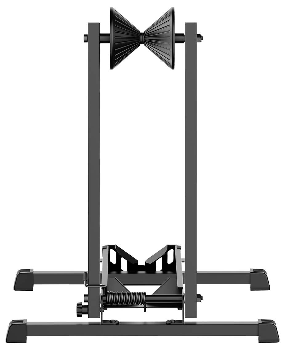 Metalnog biciklističkog stolca za popravak sa crnim okvirom, opremljenog oprugom napunjenom steznom pločom na dnu i podesivim potpornim rukavcima na vrhu.