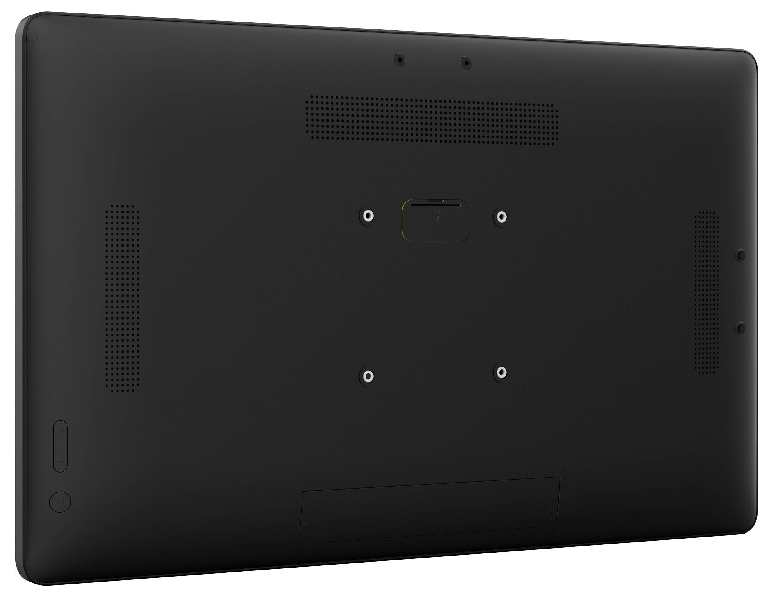 Slika pokazuje pogled od pozadi na crni, elegantan, ravni elektronički uređaj s vidljivim rešetkama zvučnika i točkama za pričvršćivanje.