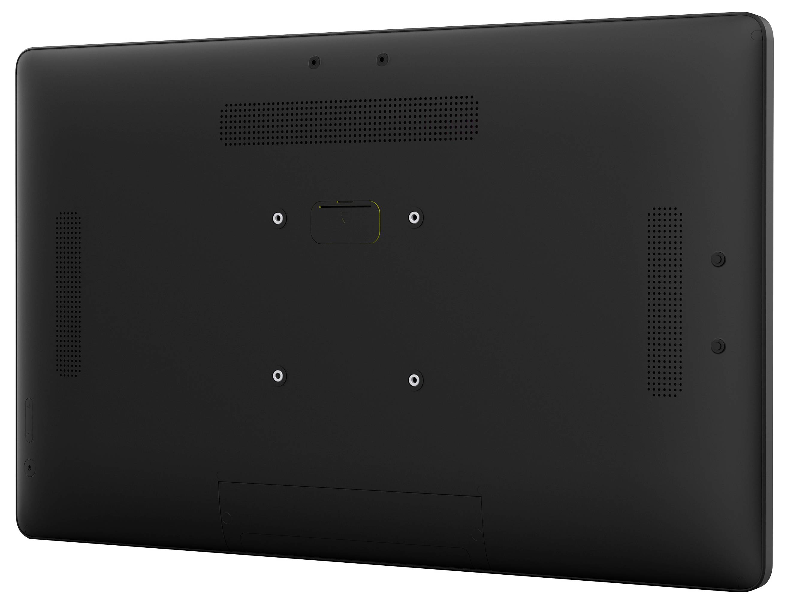 Slika prikazuje pogled sa leđa velikog ravnog zaslona, sa mat crnom obradom i više kružnih ventilacijskih otvora.