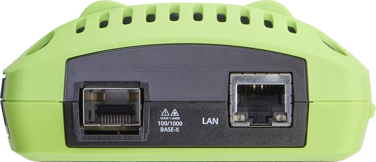 Zeleni mrežni prekidač s dva porta: jedan označen s '100/1000 Base-X' i drugi označen s 'LAN', korišten za internetsku povezanost.