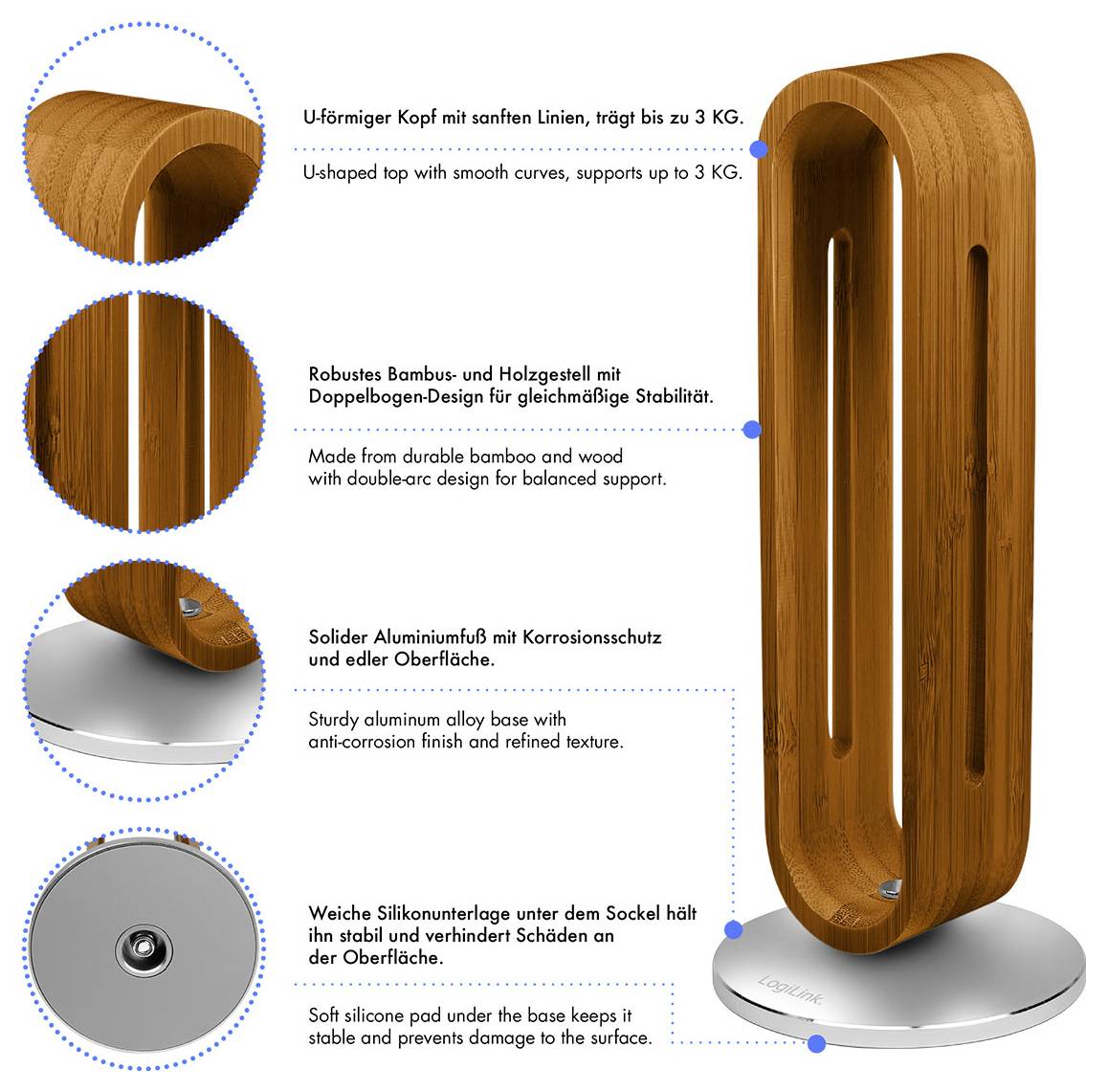 LogiLink AA0193 stalak za slušalice smeđa boja, srebrna-3