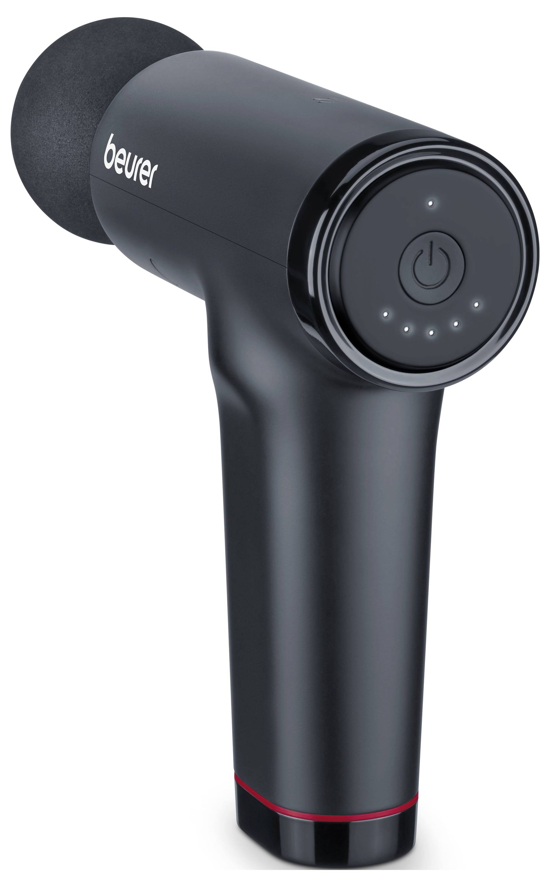 Crni ručni masažni uređaj s više postavki brzine, okruglom glavom i gumbom za napajanje na vrhu. Naziv marke je vidljiv.