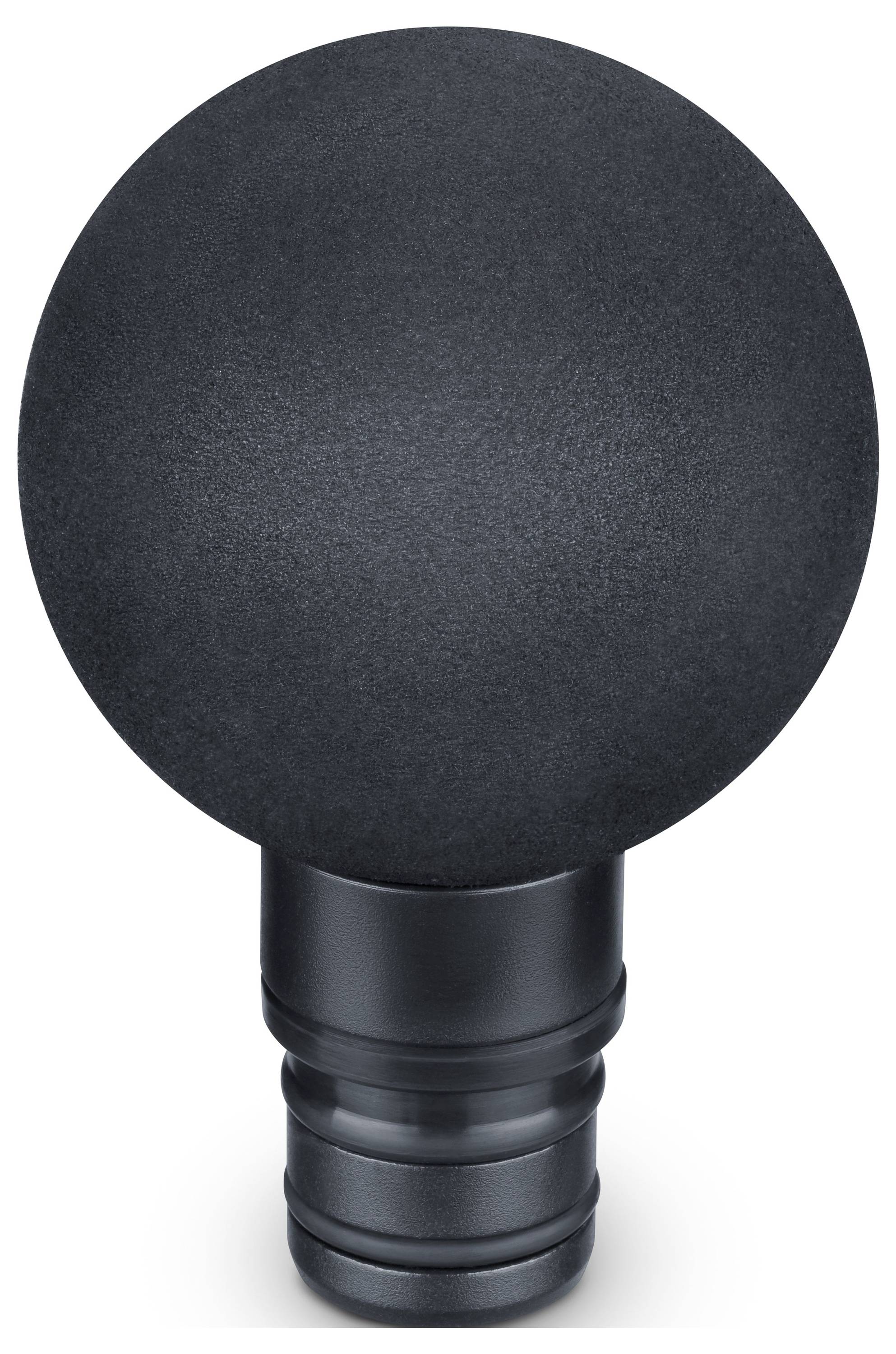 'Okrugla crna pjena kapa na metalnoj bazi, vjerojatno vjetrobran za mikrofon, dizajniran da smanji buku i poboljša kvalitetu zvuka.'