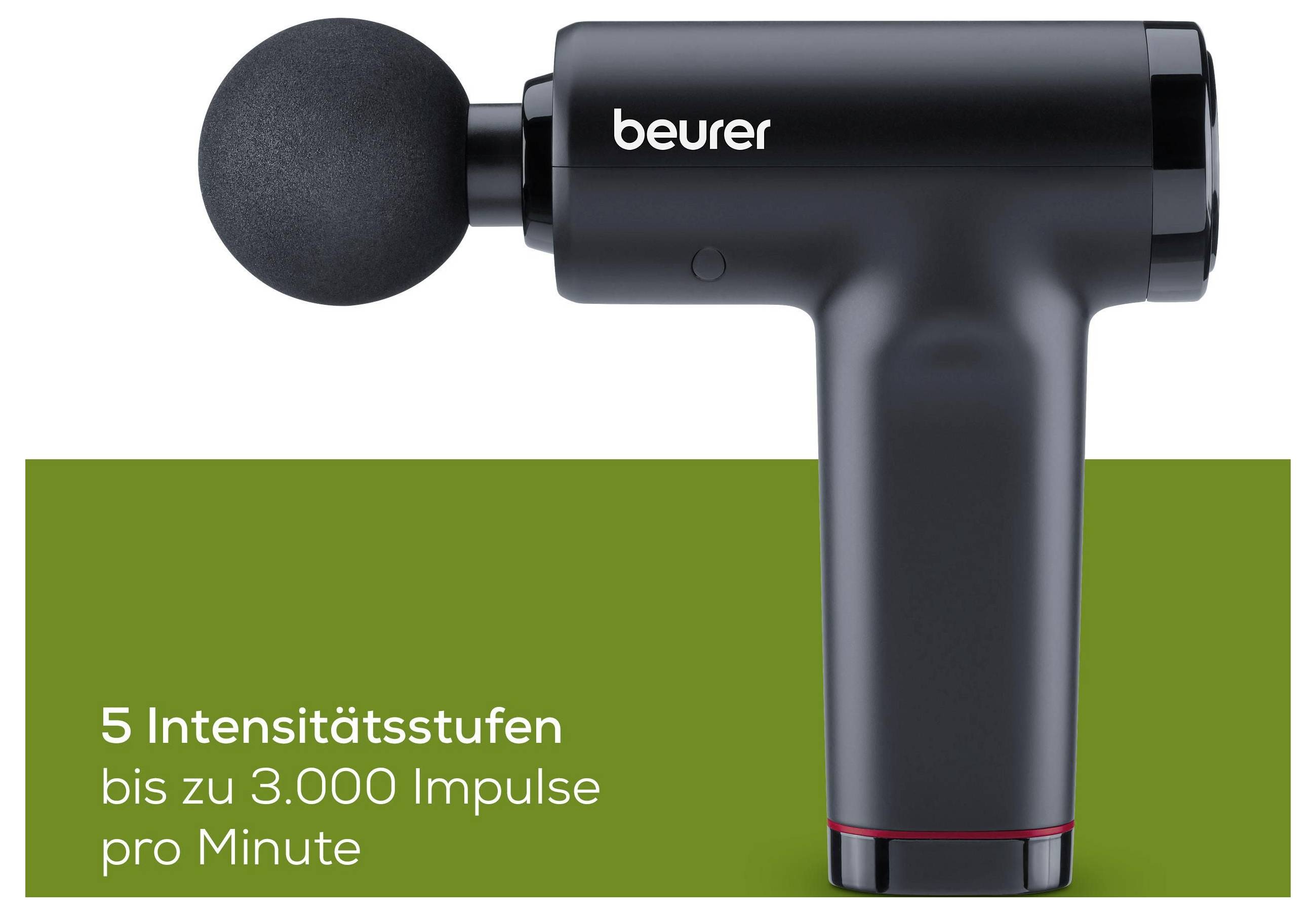 'Beurer' brend masažni pištolj na zelenoj pozadini koji promovira '5 razina intenziteta, do 3.000 impulsa po minuti' (5 razina intenziteta, do 3.000 impulsa po minuti).