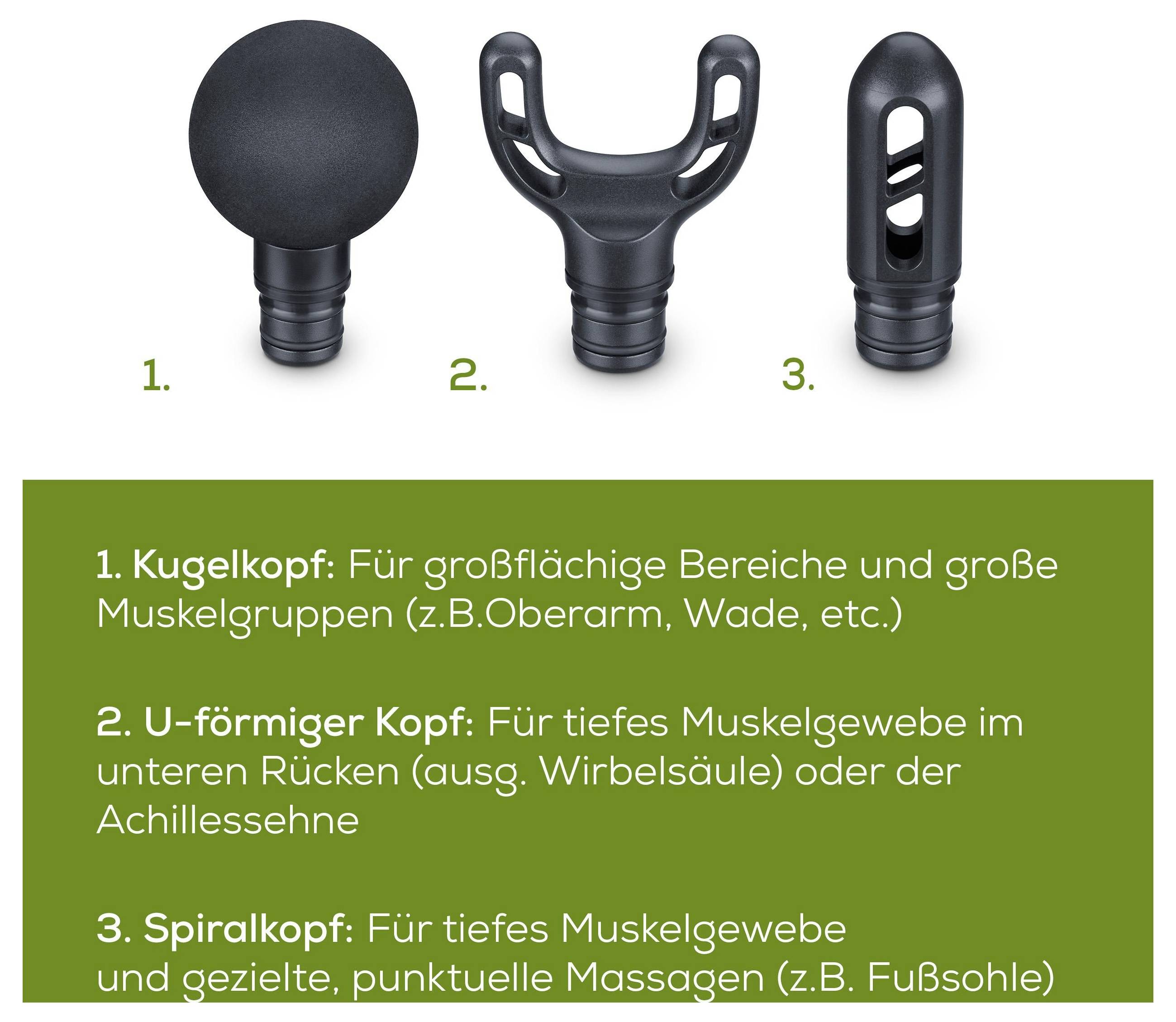 Tri crne glave za masažni pištolj: 1. Kuglasta glava za veće površine poput ruku i teleća. 2. U-oblika za duboku masažu donjeg dijela leđa. 3. Glava u obliku metka za usmjerenu masažu mišića ili stopala.
