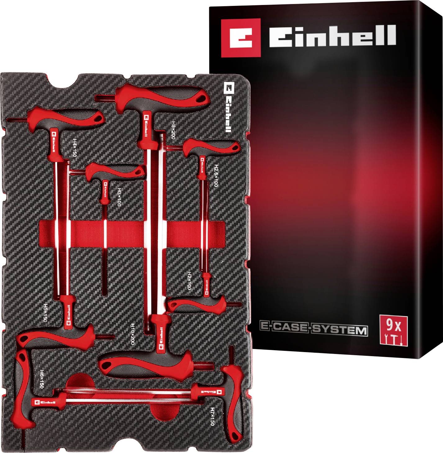 'Einhell e:case system' komplet alata sa alatima s crvenim ručkama u pjenastoj umetku, uz crnu i crvenu kutiju na kojoj se prikazuje logotip brenda i naziv.