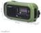 Zeleni radio za hitne slučajeve DAB+ FM s gumbima označenim 'MENU', 'SELECT', 'VOL+', 'VOL-' i oznakom 'SOS'. Dimenzije su 157 mm na 97 mm na 53 mm.