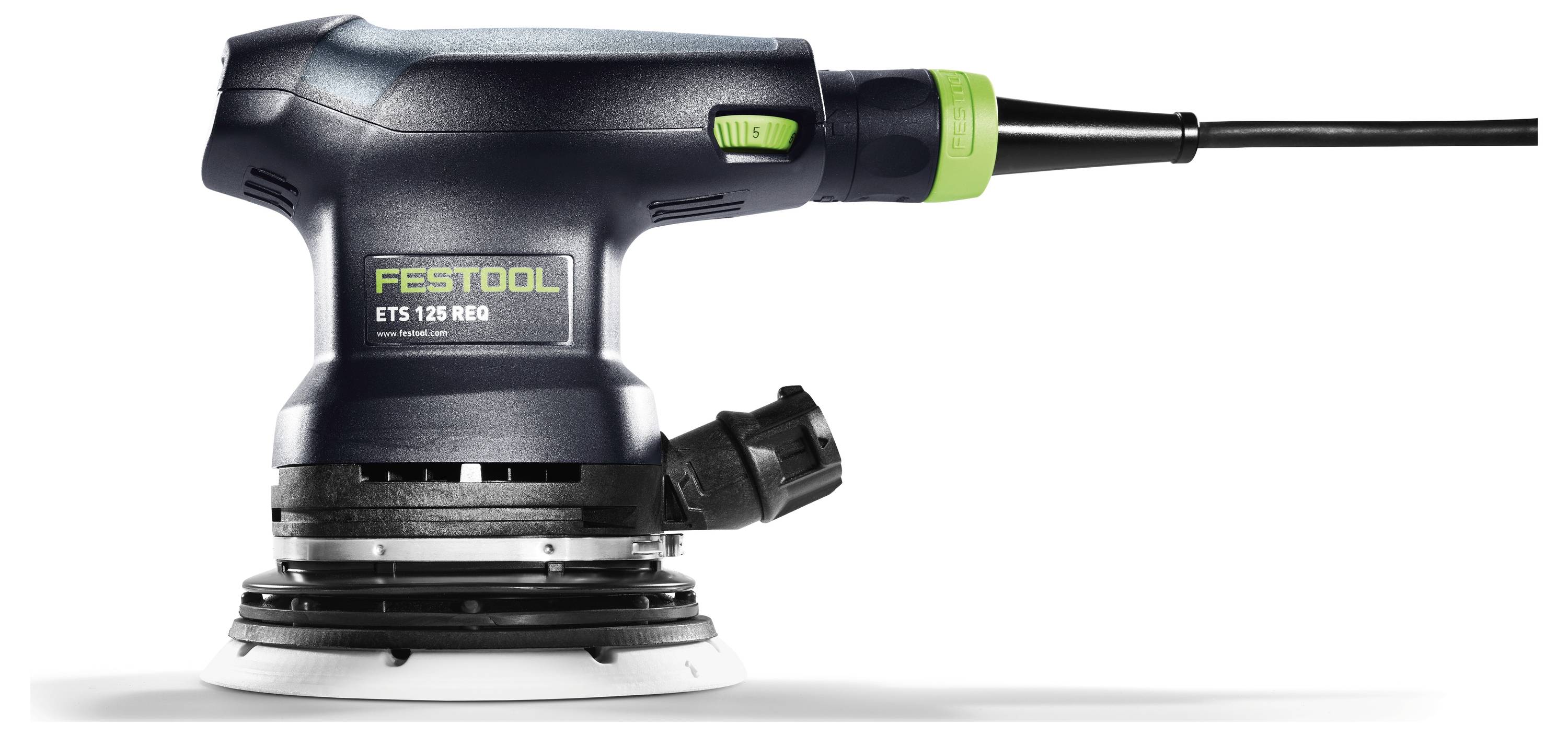 Festool ETS 125 REQ orbitalna brusna mašina u crnoj boji sa zelenim akcentima, prikazuje kabel za napajanje i brusni jastučić, dizajnirana za detaljne brusne radove.
