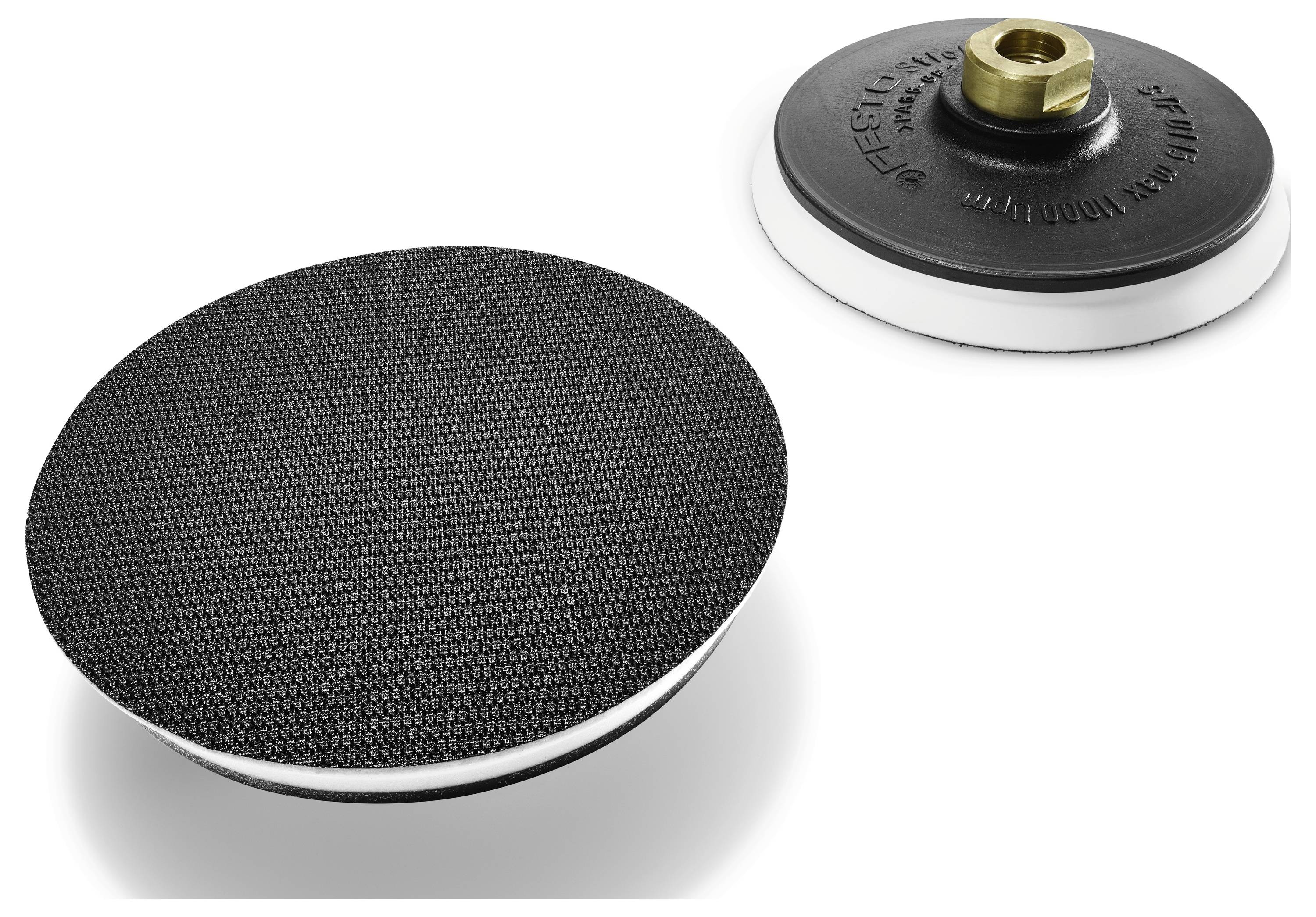 Dva kružna brušna jastučića; jedan prikazuje tekstuiranu abrazivnu površinu, drugi prikazuje stranu sa navojnim metalnim priborom za pričvršćivanje.