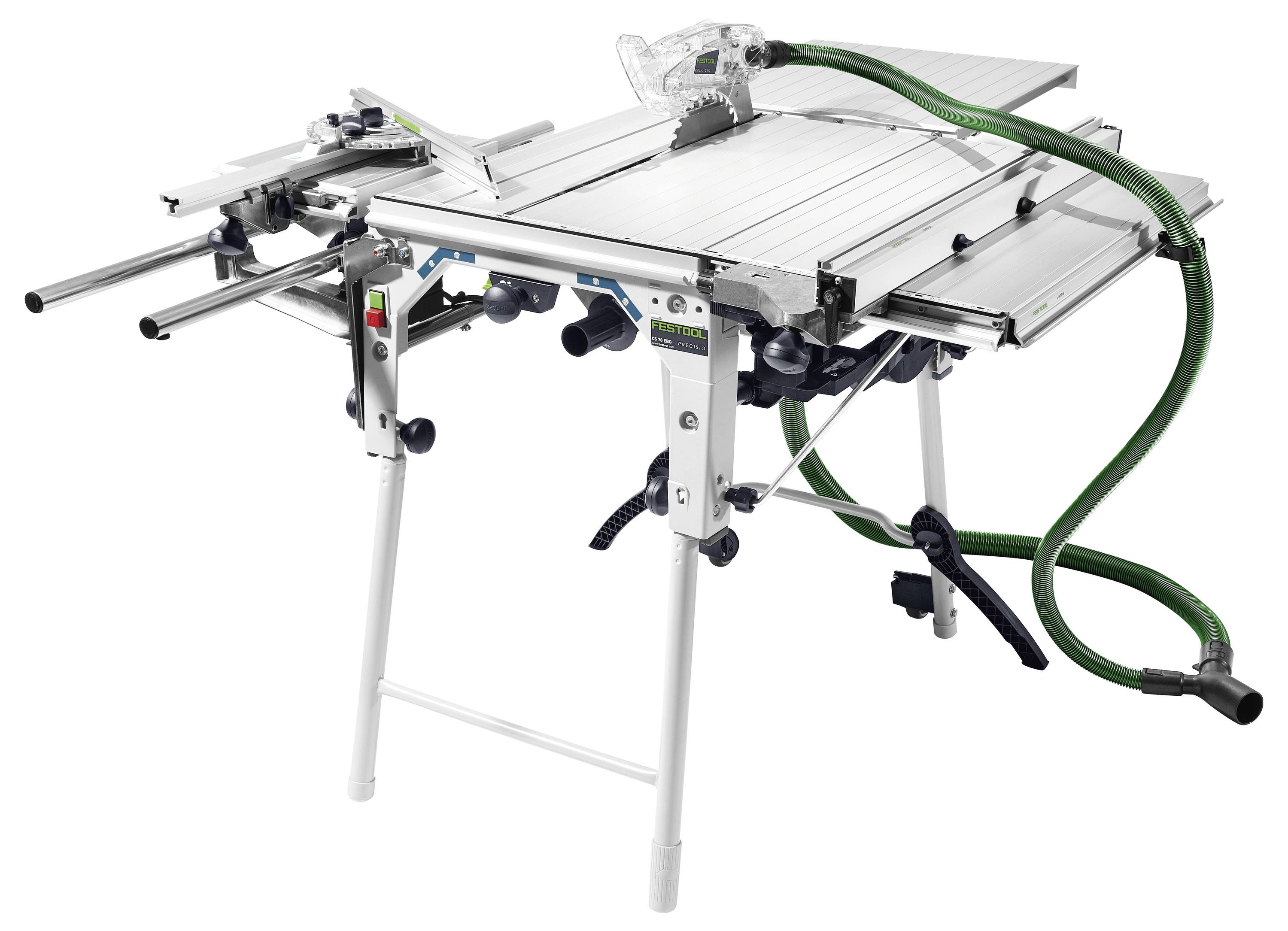 Stolna pila za metal s zelenom cijevi za ekstrakciju prašine, opremljena podesivim nosačima i preciznim vodičem za rezanje. Dizajnirana za obrada drveta.