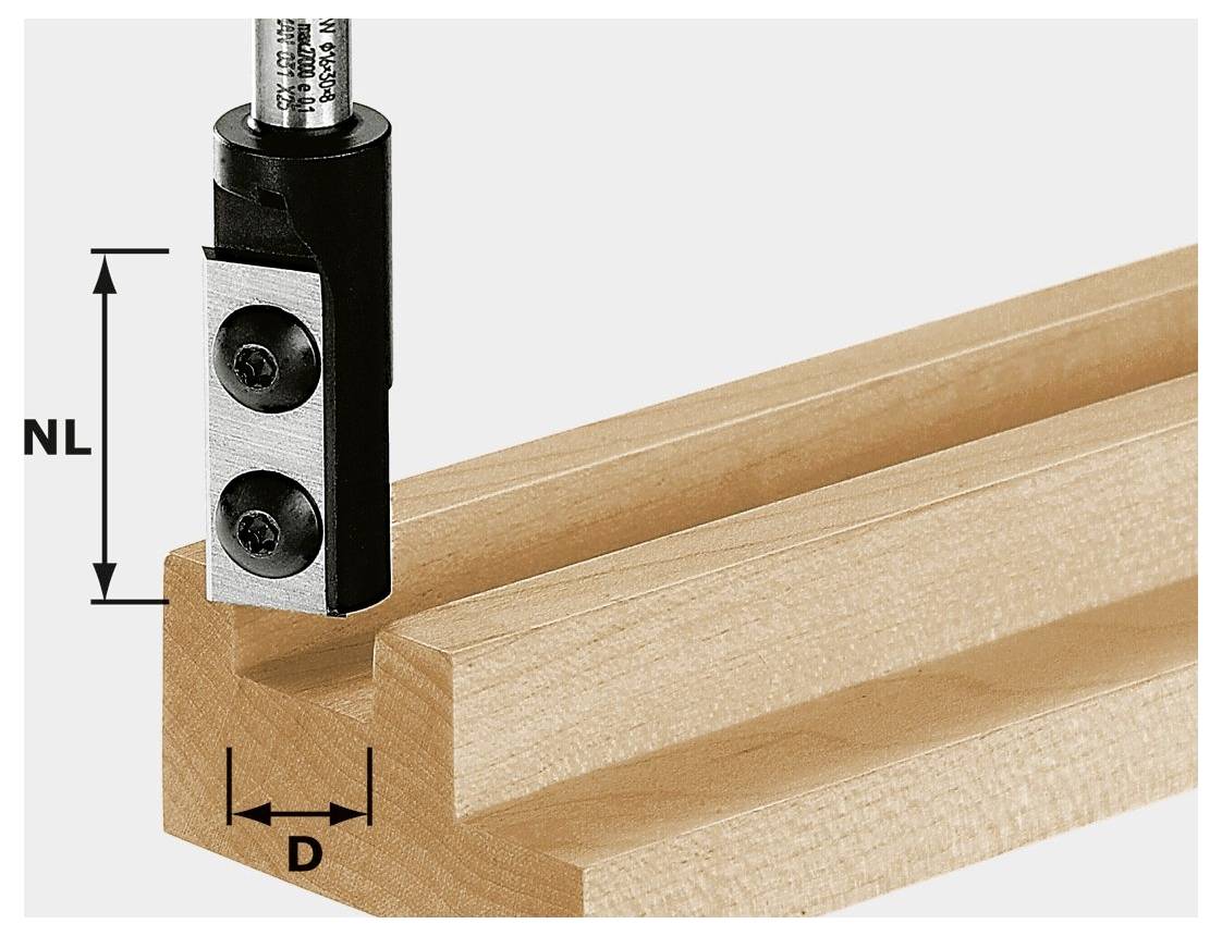 'Alat za obradu drveta izrezuje utor u drvenu ploču. Dubina vertikalnog reza označena je sa 'NL', a vodoravna širina sa 'D'.'