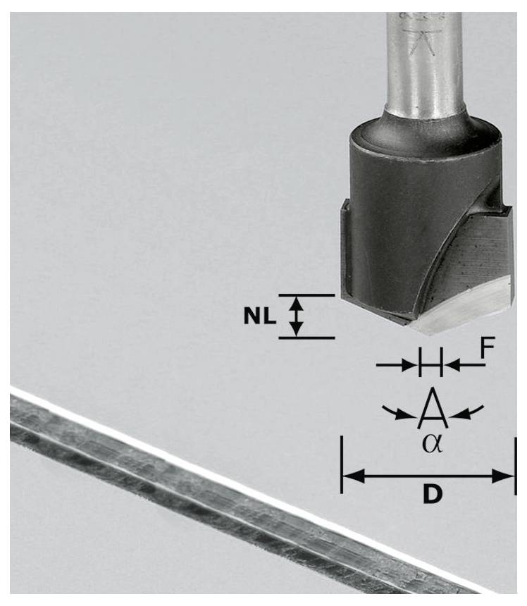 Ruterica koja reže u refleksivnu metalnu površinu, pokazujući mjerenja za dubinu rezanja, kut i promjer. Ruterica je označena s varijablama NL, F, A i D.