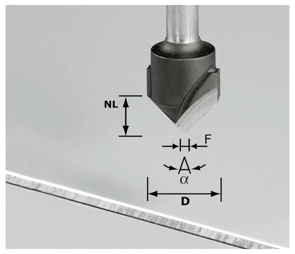 Ruterica iznad metalne površine, s označenim dimenzijama: 'NL' za duljinu, 'F' za širinu, 'α' za kut, i 'D' za promjer.