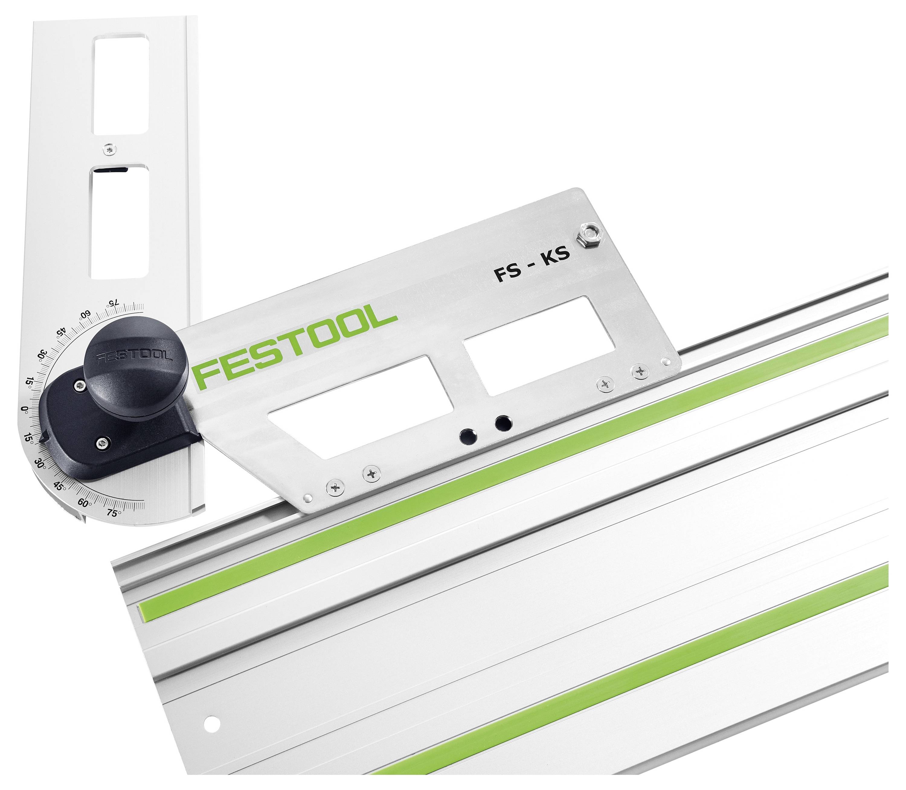 Festool FS-KS kotni stopar s podesivim krakom i kutomjerom, koristi se za vođenje preciznih angled rezova na tračnicama pile.