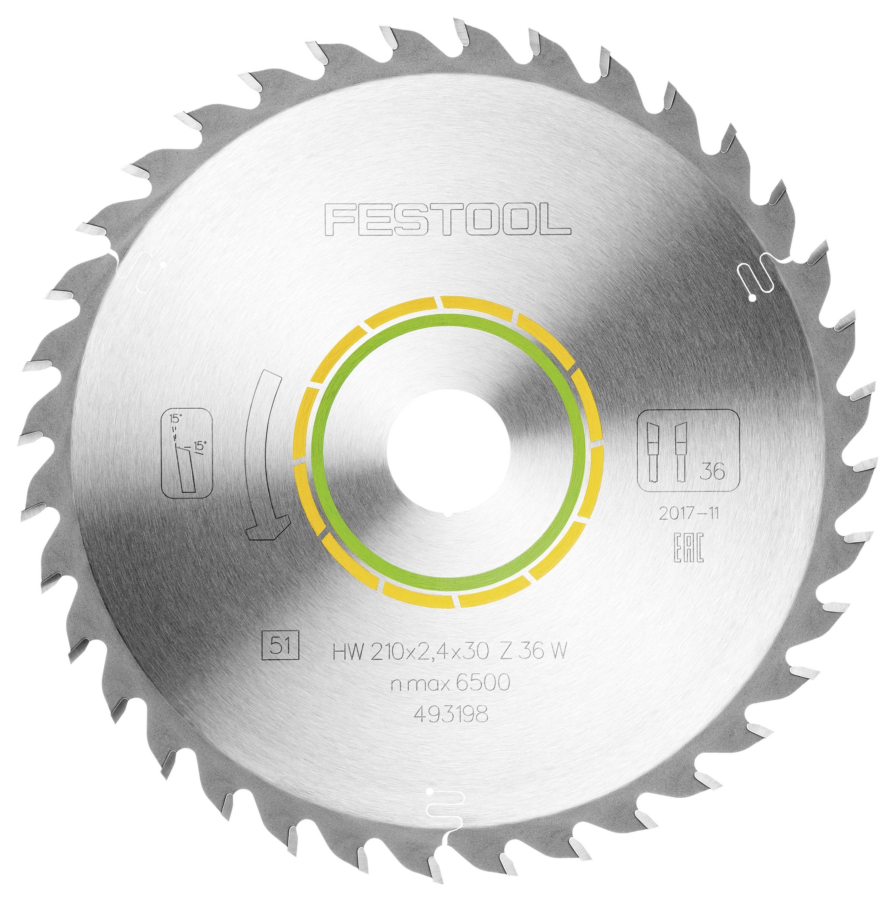 Kružna pila označena 'Festool', sa zubima oko ruba. Oznake uključuju veličinu 'HW 210x2.4x30 Z 36 W' i maksimalnu brzinu 'nmax 6500'.