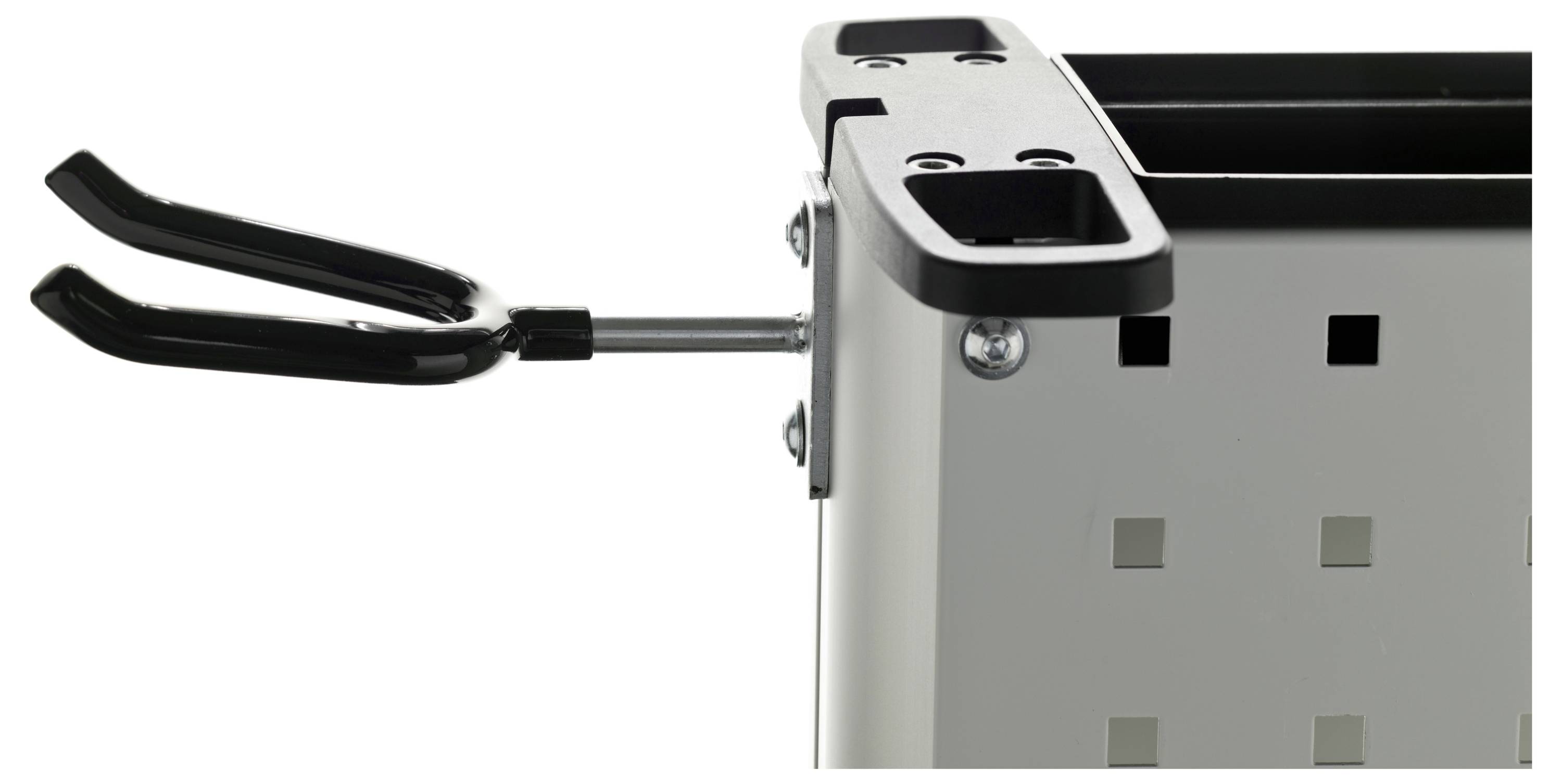 Metalna skladišna kolica s montiranim crnim držačem alata koji se proteže sa strane, sa mrežastim uzorkom i čvrstom konstrukcijom.