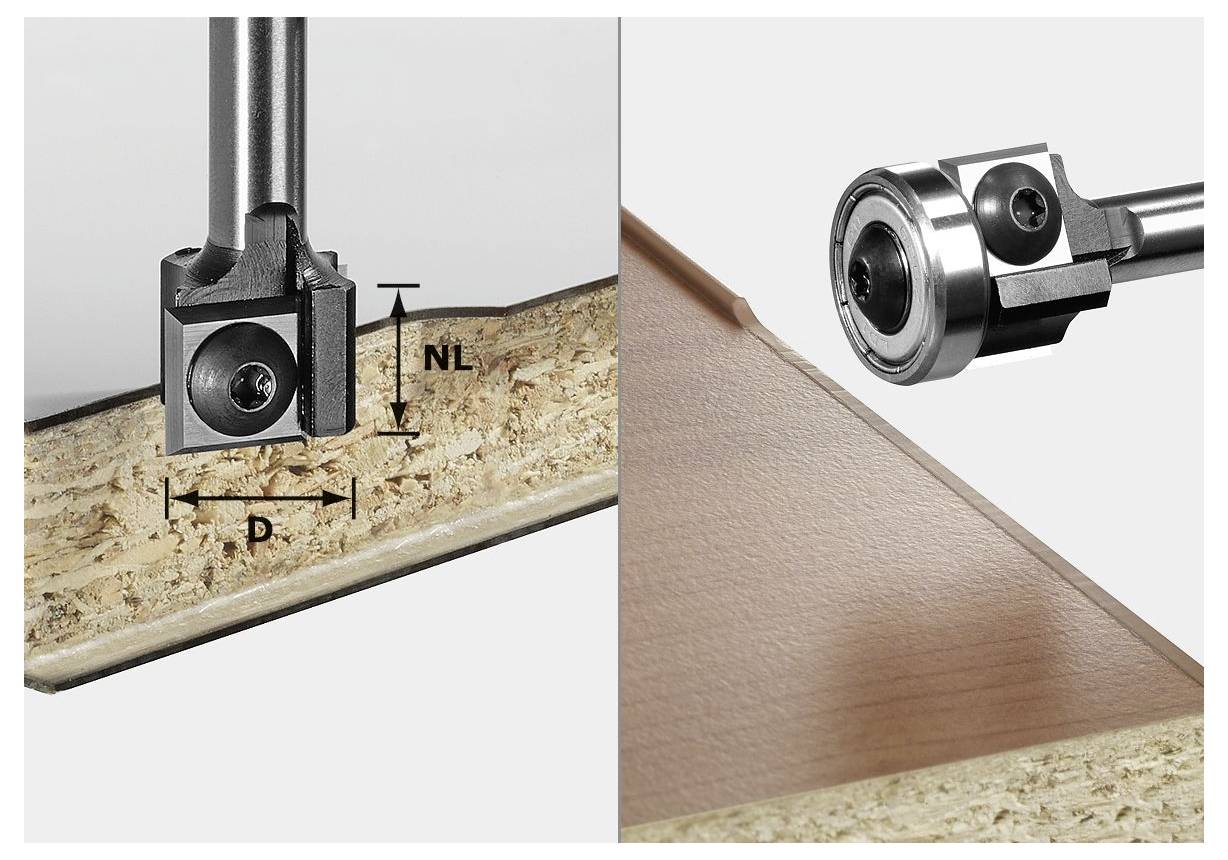 'Nasadac frezera prikazan u presjeku pored drvene ploče, što ilustrira dubinu rezanja i primjenu za obrezivanje rubova.'