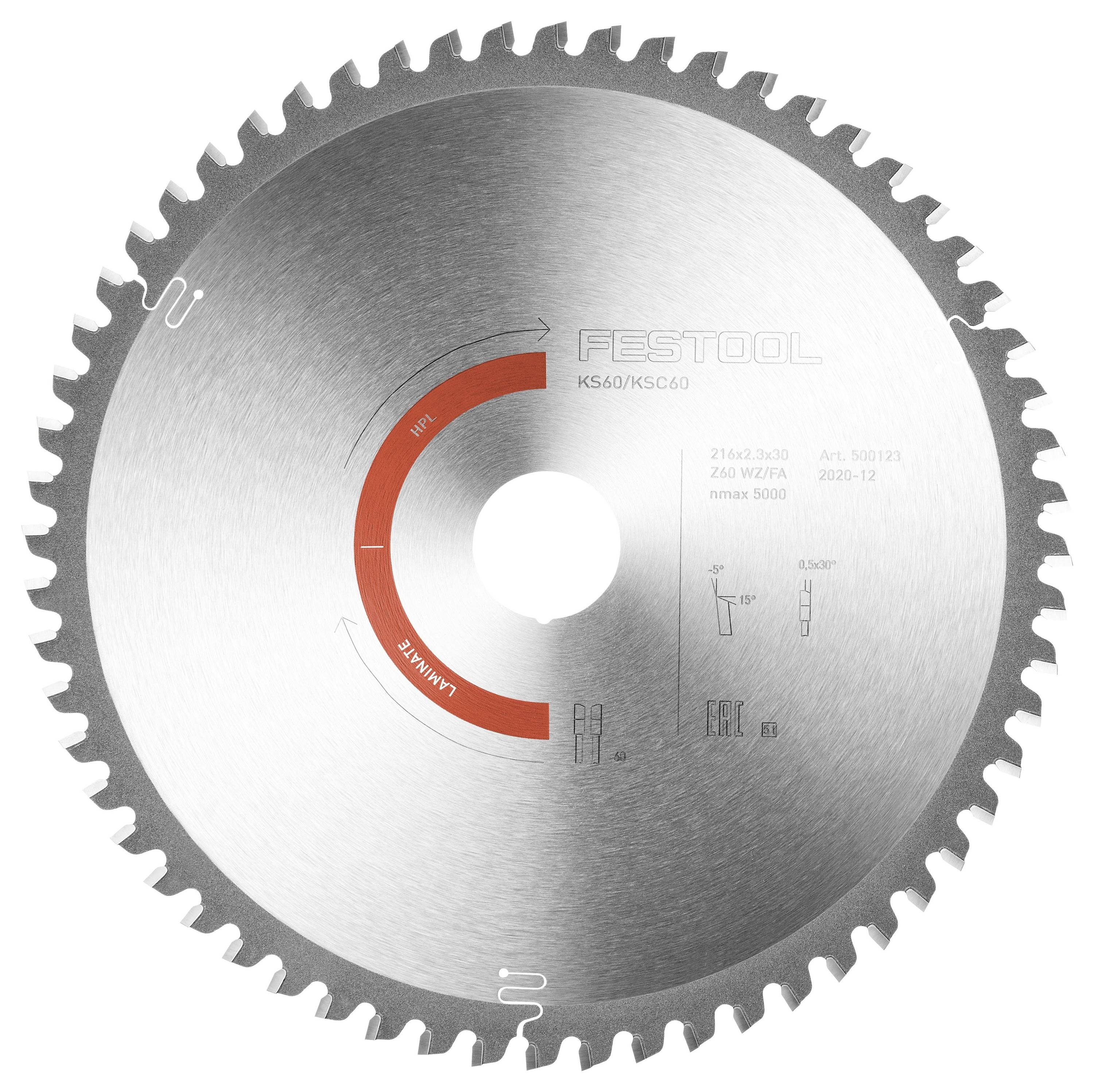 Kružna pila sa nazubljenim rubom, označena sa 'FESTOOL KS60/KSC60'. Uključuje tehničke specifikacije, pogodno za rezanje drva.