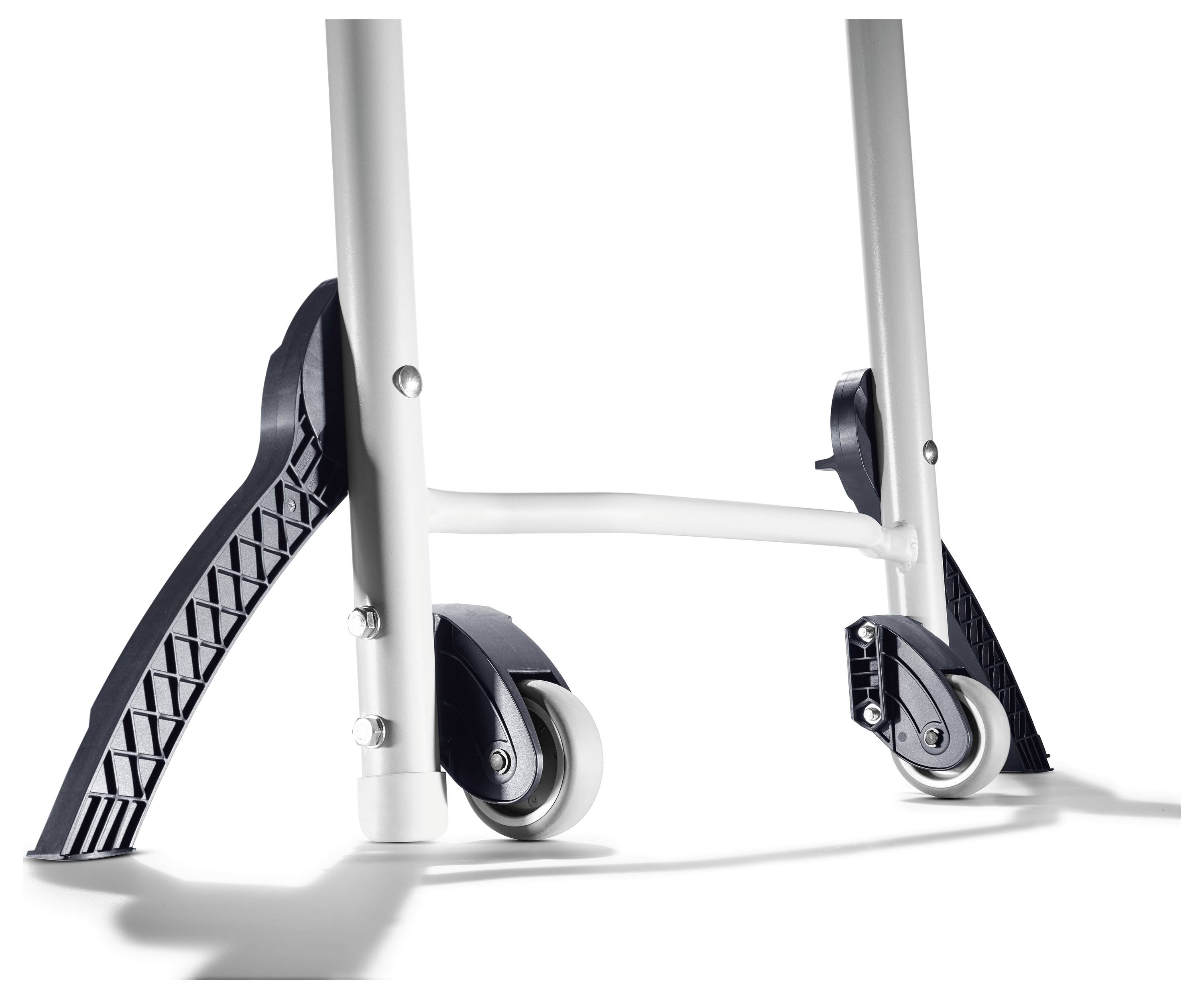 Hodač sa točkovima i gumenim zaustavljivačima koji omogućava mobilnost i stabilnost korisnicima. Ima crne hvataljke otporne na klizanje na bazi.